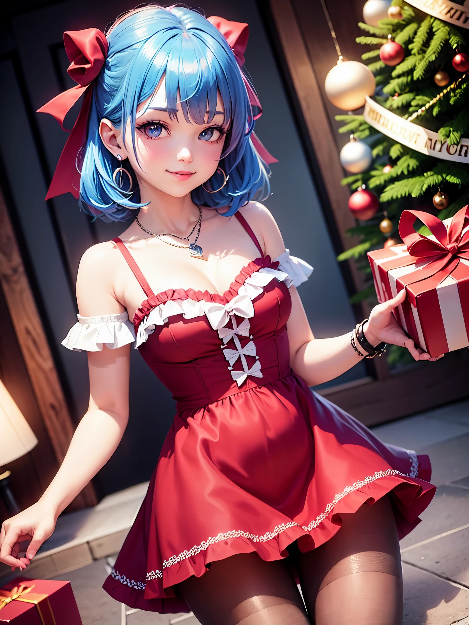 1girl, bangs, blue hair, bow, box, bracelet, christmas, christmas tree, cowboy shot, dress, earrings, fishnets, flower, gift, gift box, hair ornament, hamel, jewelry, looking at viewer, multicolored hair, necklace, pantyhose, parted lips, purple eyes, red dress, ribbon, rose, short hair, smile, solo, thighhighs