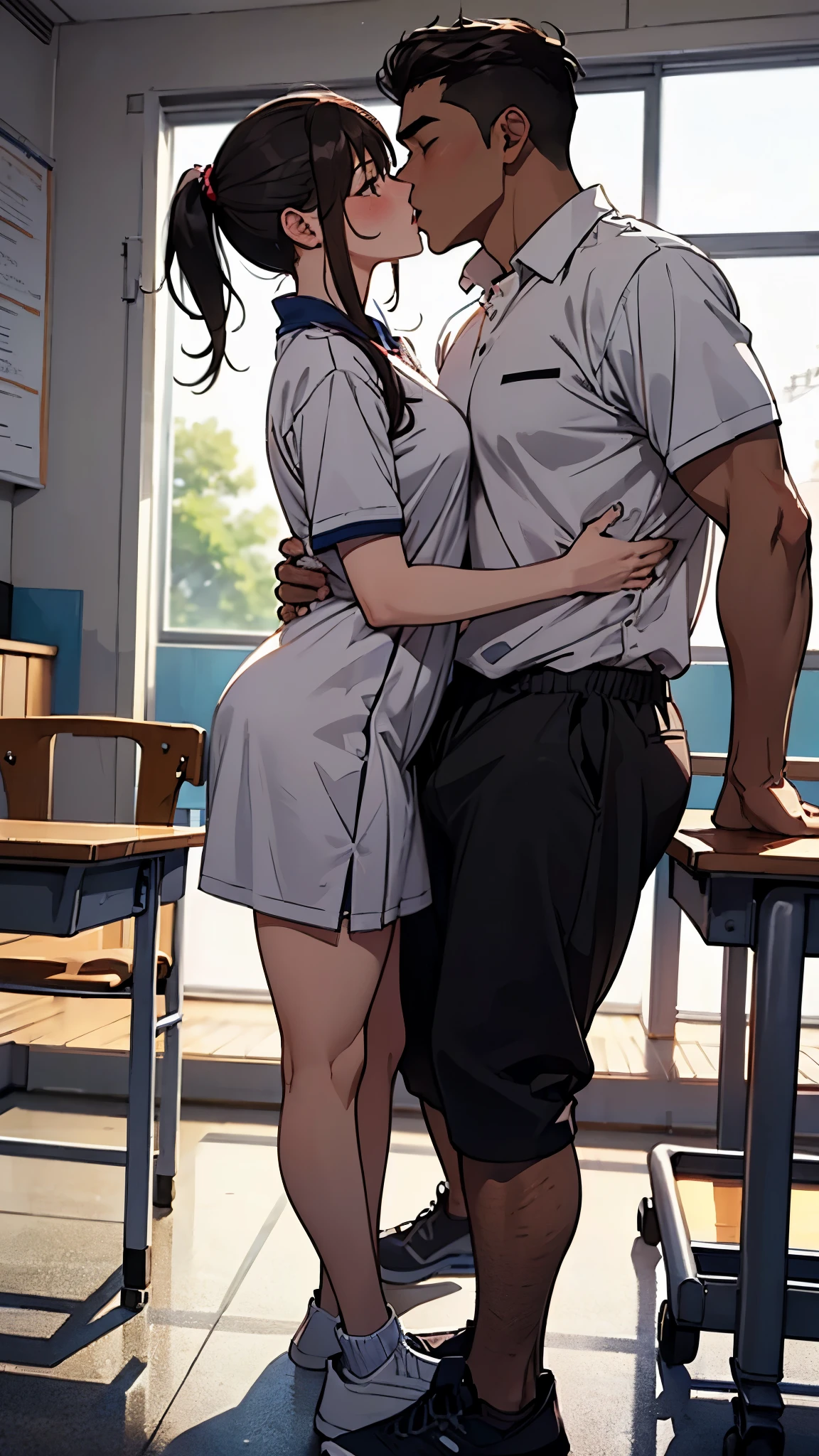 realistic anime art style,(tareme),(curvy body),black unkempt hair,bow tie,thick eyeliner,dress shirt,(navy short pleated skirt),(plaid skirt),(unpretentious mature woman and boy having sex in crowded train:1.1),pov,sweaty,(adult face),knees up,spreading legs,(nipple through),(ahegao and shouting:1.3),look at viewer,vaginal penis,skirt lift,creampie,