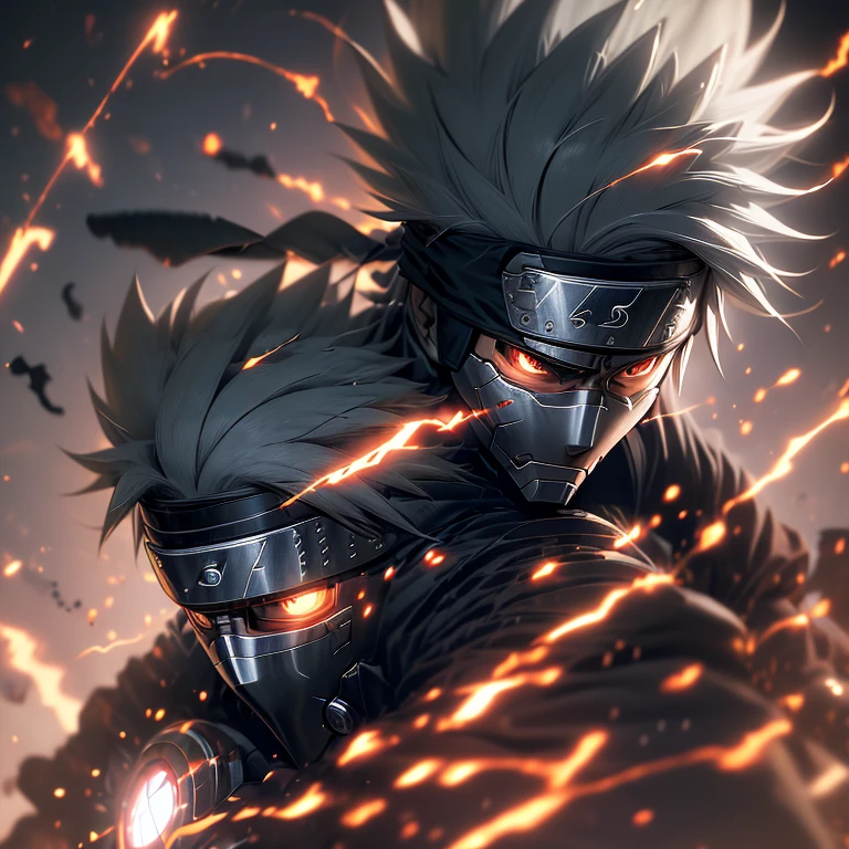 A striking image of Kakashi, the legendary shinobi, donning the advanced Iron Man suit, perfectly blending the worlds of ninja and technology. This 35-year-old character, known for his long, white hair, sharp gaze, and distinctive forehead protector, is shown in an action pose, with an ironed expression, conveying his focused determination. The Iron Man suit, in its sleek and vibrant red and gold color scheme, shines around him, casting a dynamic, contrasting light on his form. The scene is rendered in a hyperrealistic, photorealistic, and high-definition style, capturing the intricate textures and details of both Kakashi and the