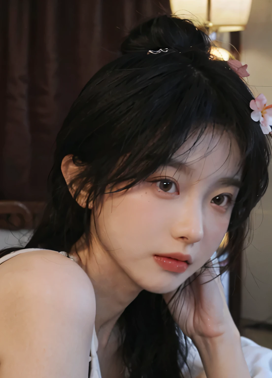 best quality, ultra high resolution, (realistically:1.4), a girl, A pair of clear and moving peach blossom eyes,Royal sister,a sense of atmosphere,(faded ash-gray hair:1), (Great understanding:1.3), looking at the audience, Close-up cleavage ,