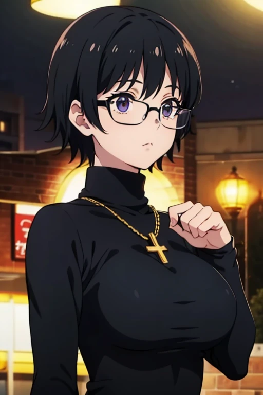 Purple Shizuku, 1 girl, cute, black hair, short hair, Glasses, Expressionless, huge breasts, ((tight black long sleeve turtleneck:1.5)), (Front view, Upper body, looking at the scenery), Hands down, (masterpiece, High resolution, highest quality, anime color, anime screenshot, 8K, realistic), denim, inverted cross chain necklace, (Perfect detailed anatomy, beautiful and fine eyes&hair, Beautiful detailed body&Clothes), night outdoors
