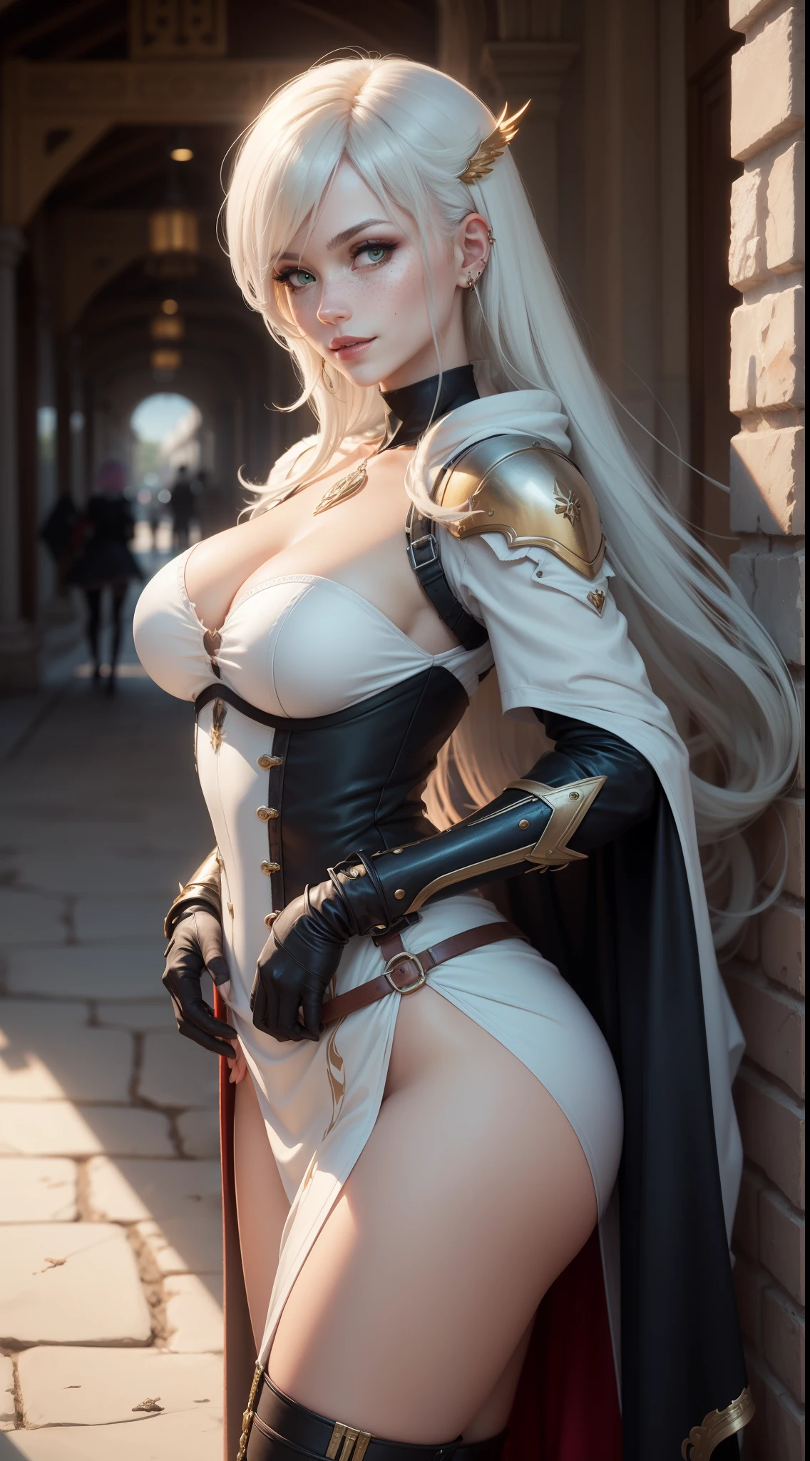 gwen tennyson,yorha 2b,tracer,claire farron, overwatch,atelier ryza,close up,golden palace hall view,tattoos,golden and white plugsuit, white short sleeve angelic top,short sleeve angelic jacket,long medieval skirt,harness corset,long curly hair,punk makeup,green eyes,multicolored silver hair,long dress train,sexy smile,freckles,beautiful girl,thigh high angelic boots,large breasts,8k,ultra detailed, realistic,fantasy art,angelic armor,angelic tunic dress,hair pin,ear piercings,golden crystal hand and neck jewelry,(weather:windy),1girl,long angelic cloak,holding a spear,long angel wings,