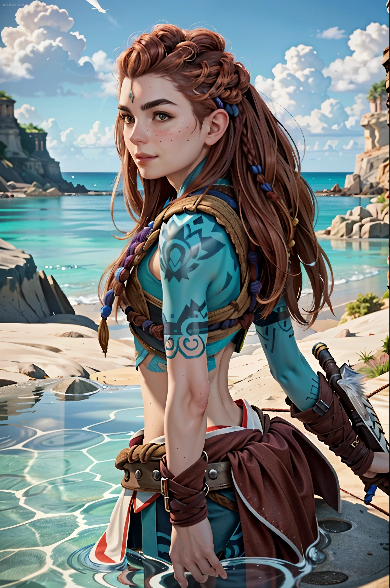 (masterpiece, best quality)
1girl, AloyHorizon, solo, long hair, smile, brown hair, hair ornament, navel, brown eyes, weapon, braid, outdoors, parted lips, sky, day, midriff, sword, cloud, red hair, water, from behind, armor, blue sky, lips, looking to the side, tattoo, ocean, looking away, thick eyebrows, shoulder armor, sheath, rope, freckles, hand in own hair, rock, realistic, nose, dreadlocks
