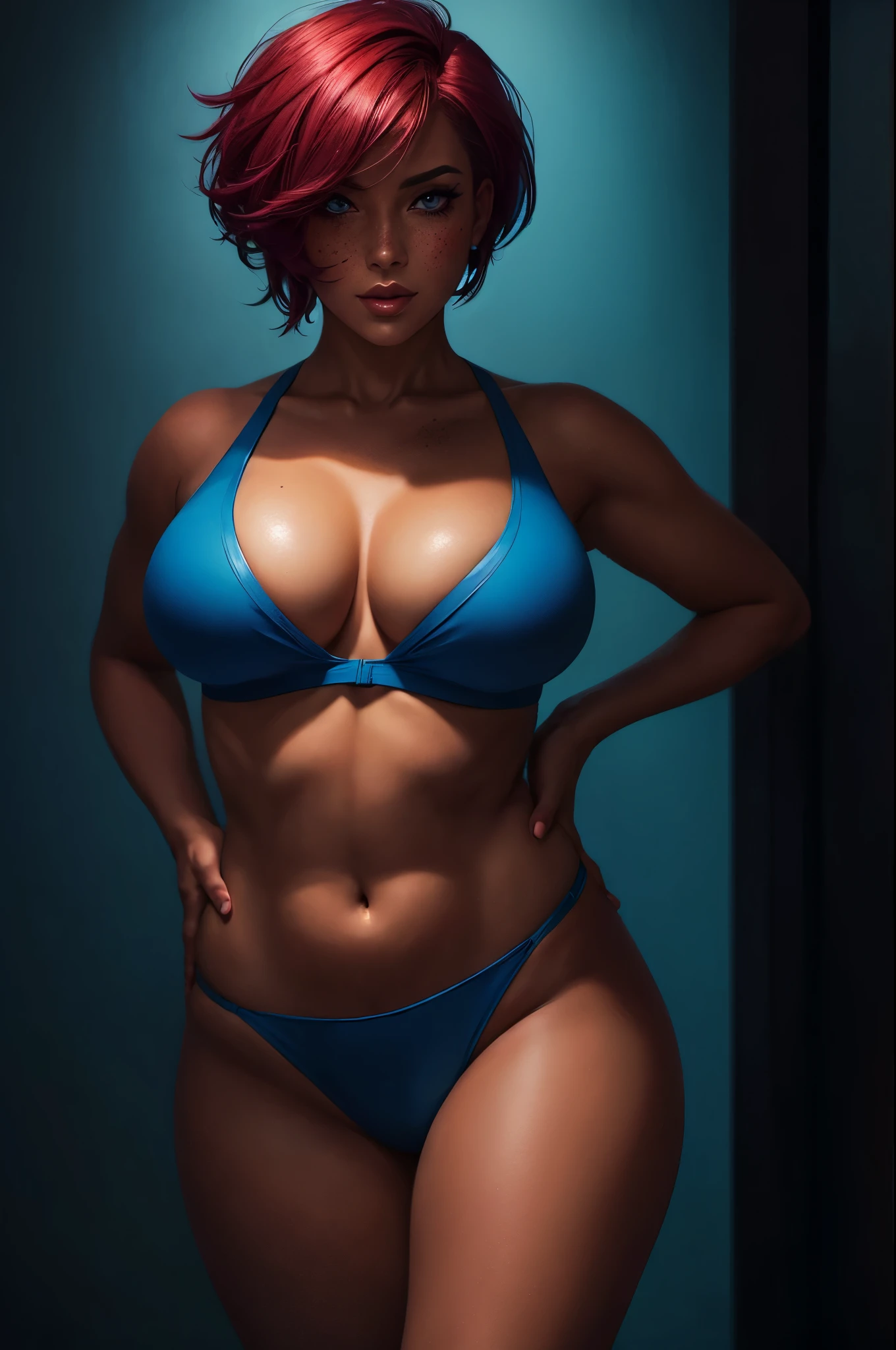 The sexy short colored hair A strikingly colorful painting of a full-body police officer woman without shirt back pose turning seeing viewers with freckles and tattoos, vibrant colors, hyper realism, inspired by Beeple, Jesse Moynihan and Casey Weldon. Her body is large, with wide hips and a voluminous waistline. The curves of her body are highlighted in subtle shades . A stunning digital illustration of a police woman. Vibrant and dramatic tones of red and blue. Highly detailed digital painting.
Her expressive face and powerful stance create a sensual, yet alluring image.