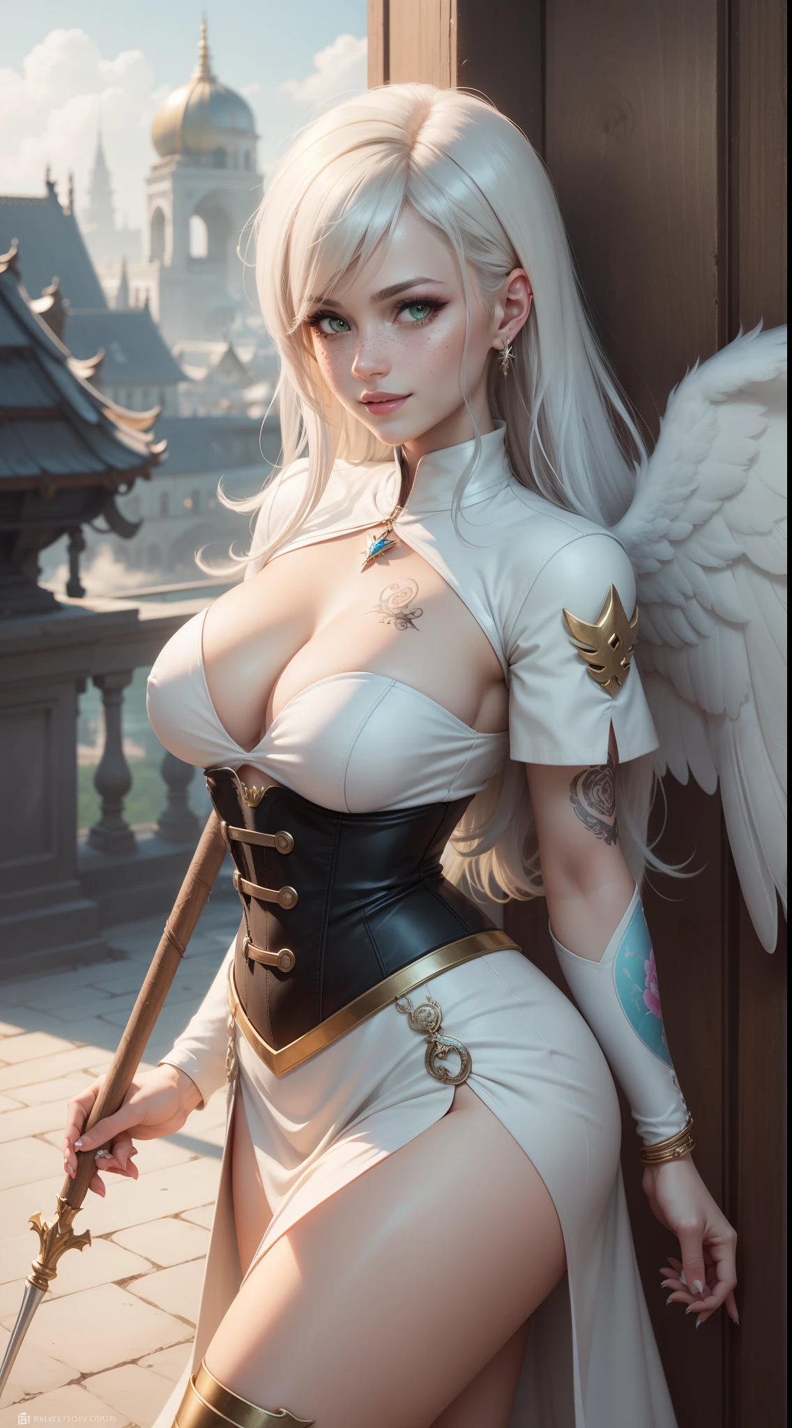 gwen tennyson,yorha 2b,tracer,claire farron, overwatch,atelier ryza,close up,golden palace hall view,tattoos,golden and white plugsuit, white short sleeve angelic top,short sleeve angelic jacket,long medieval skirt,harness corset,long curly hair,punk makeup,green eyes,multicolored silver hair,long dress train,sexy smile,freckles,beautiful girl,thigh high angelic boots,large breasts,8k,ultra detailed, realistic,fantasy art,angelic armor,angelic tunic dress,hair pin,ear piercings,golden crystal hand and neck jewelry,(weather:windy),1girl,long angelic cloak,holding a spear,long angel wings,