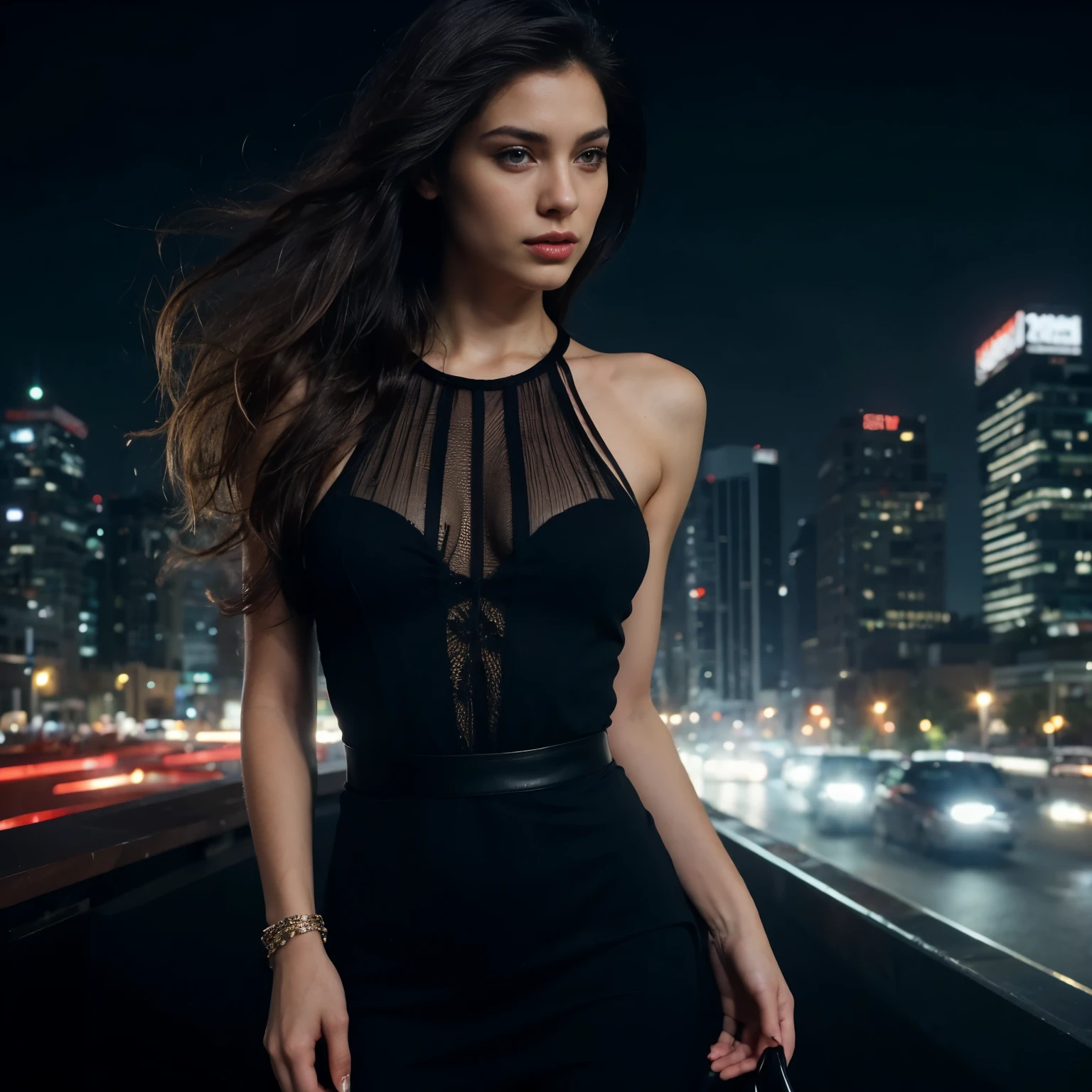 de 23 anos, supermodel long black hair with latin features, green eyes and medium skin in red dress