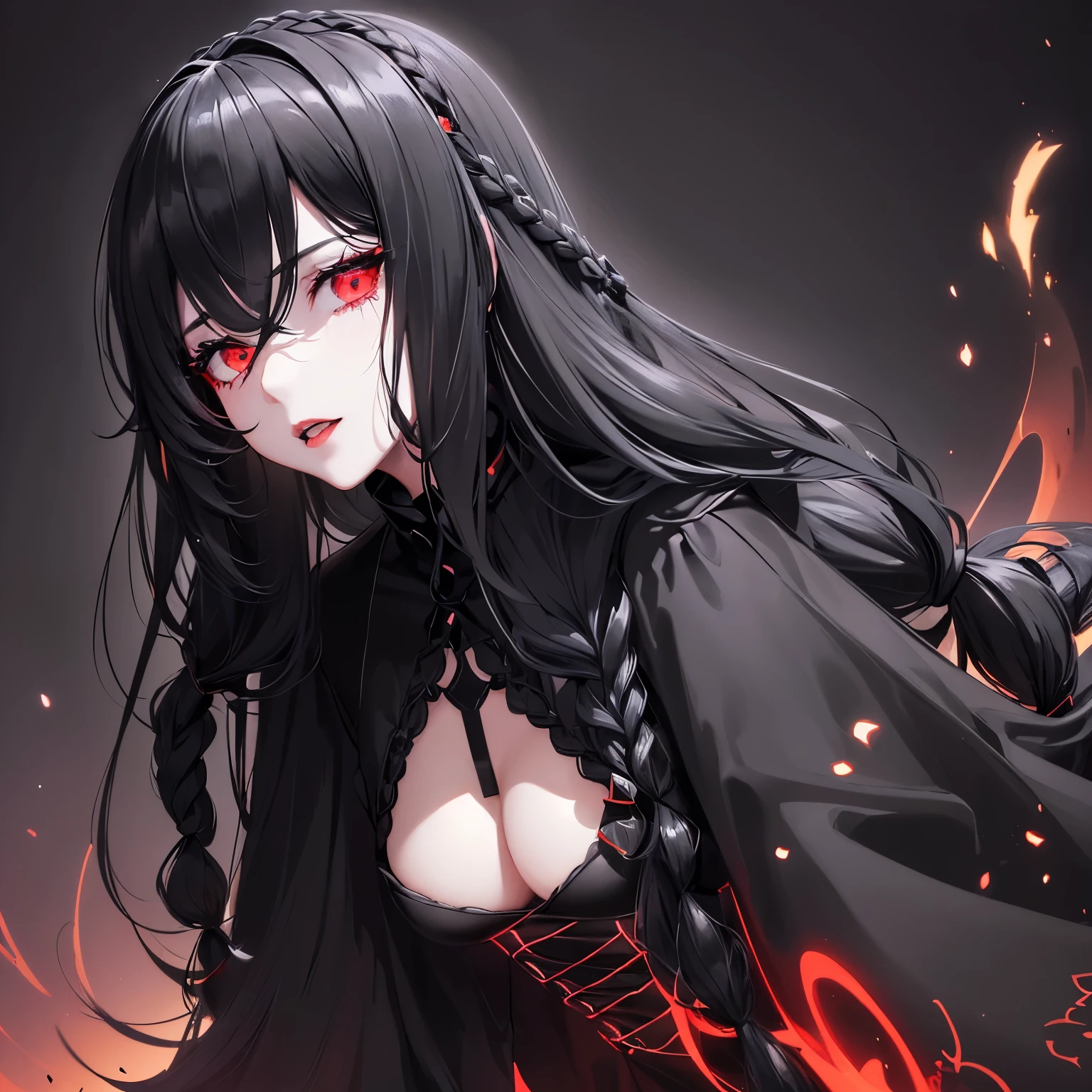 1girl,sense of deps,disorganized,catch light,Super beautiful illustrations,(black color,long hairstyles:1.6),Turn around,dark dark eyeshadow,bright red lipstick,gothic ta,Upper body,;D,beautiful and delicate flowing hair,Delicate and detailed red eyes,big breasts