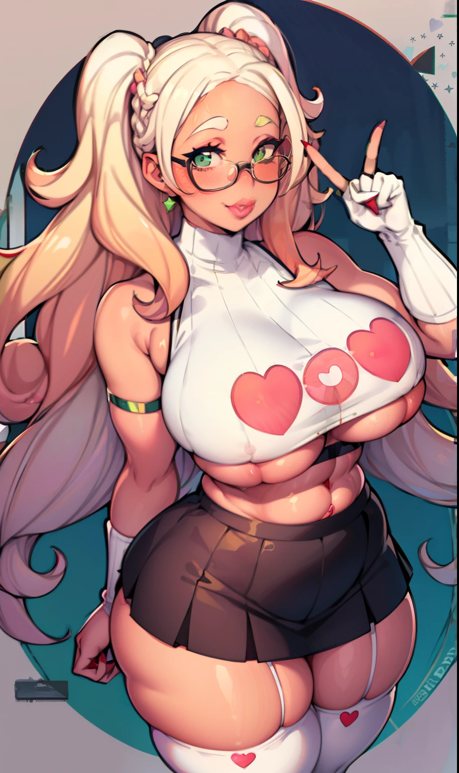 Sandy blonde hair, glasses, bright green eyes, stockings, crop top, big boobs, thick thighs, hours glasses, wavey hair, black knee high socks, skirt, black skirt, red dragon crop top, big boobs, peace sign, ((peach lips)), smile, cute hair style , (((((white skin))))), ((pale)), ((peach lips)), ((plump lips))