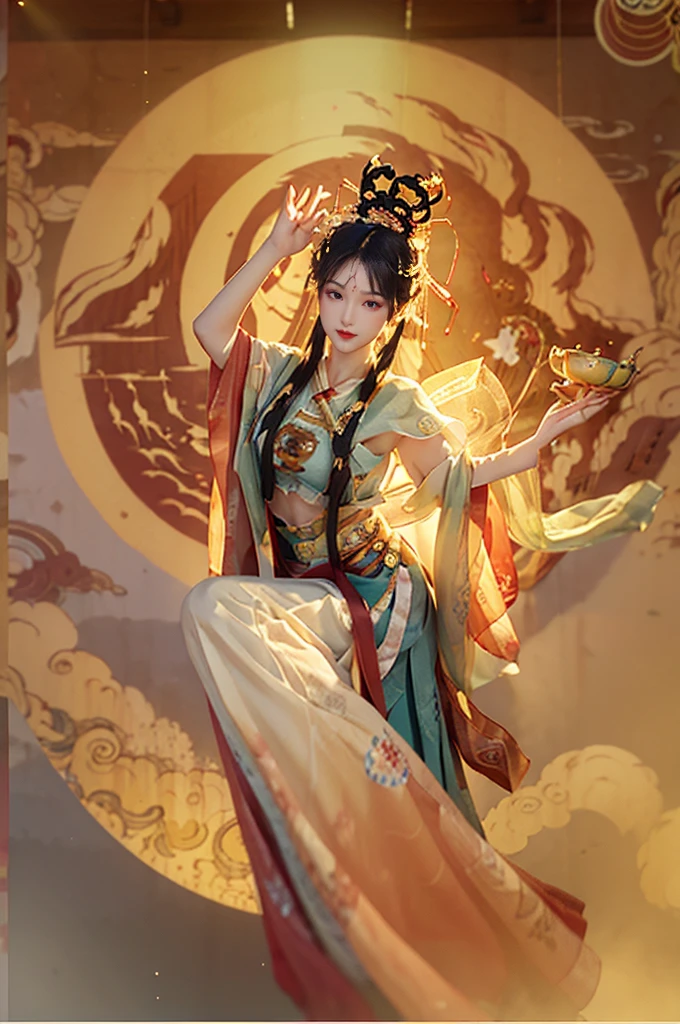 An ancient Chinese painting scroll, The main pattern above is: (Mid-Autumn Festival poster,Spring Festival poster,Featuring a playful character design style,zbrush,可爱而dream,Transparent,Smooth,magic core,yellow color,Flying fairy bun,gentle,frown,White lace flowing skirt,Pear and plum blossoms are flying all over the sky,Nine-colored deer flashes behind,translucent medium,Award-winning masterpiece,Super detailed,Dunhuang style,Dunhuang flying mural,Big Dream Dunhuang,Flying Dance,pipa dance,crazy fantasy,Surrealism,dream,A fantasy world,Han Dynasty stone brick portrait,Intricate ancient Chinese Dunhuang mural background,Chinese culture,Festive atmosphere,national current,anime illustration,Ultra-high-definition CG,3D rendering,ultra HD16k)