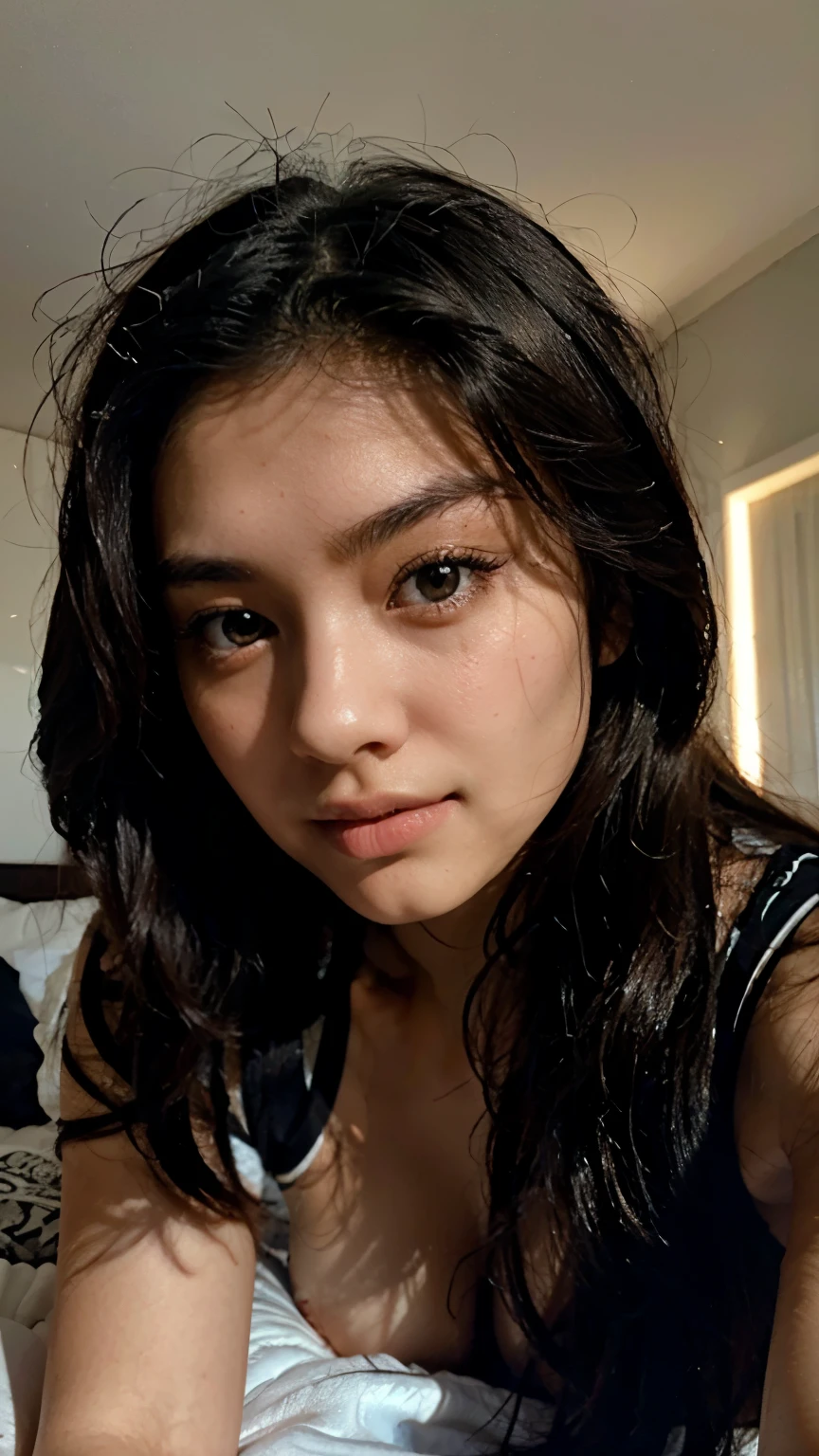 20 years old hong kong woman closeup selfie in bed, closeup face, black long hair, beautiful face, soft lighting, hyper realistic, symmetric eyes, slim, dark room, sleepwear, face down, avoid NSFW image