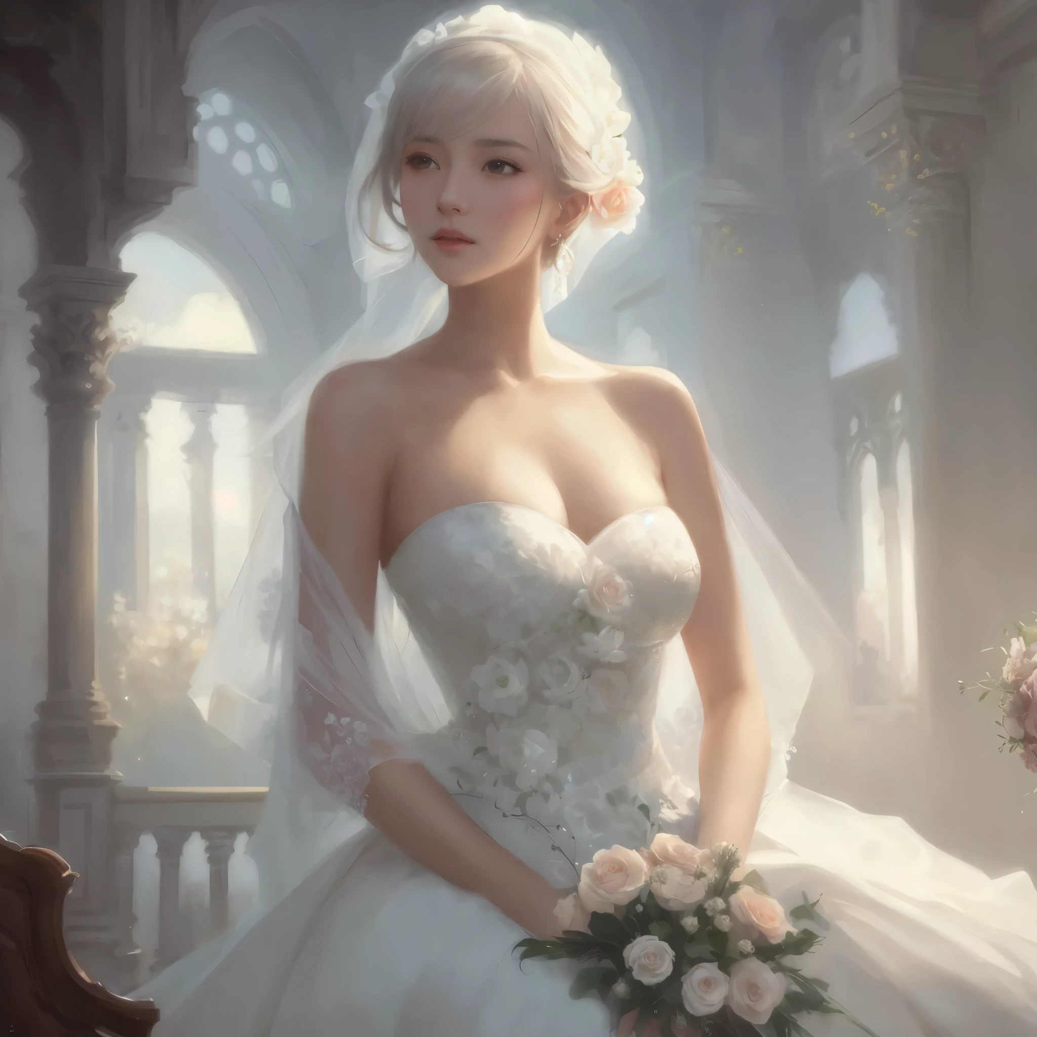 Painting of woman in wedding dress holding bouquet, wop art, The art of wlop, guweiz, Wop and Rose Tran, Gurwitz Masterpiece, Jeremy Lipkin, Rostland 8K, wlop style, The art of wlop and greg rutkowski, Krenzkushat, ross tran and wop