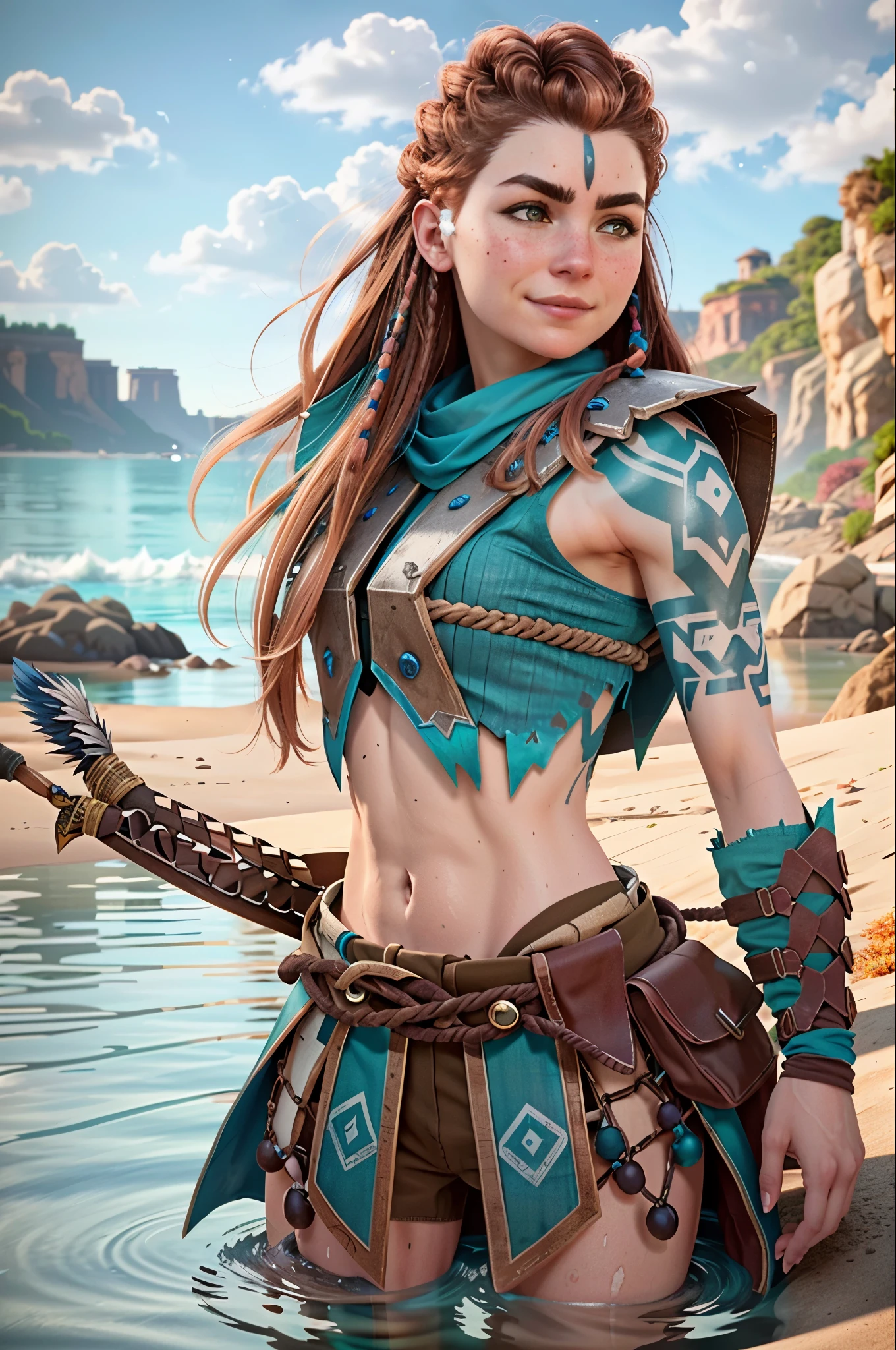 (masterpiece, best quality)
1girl, AloyHorizon, solo, long hair, smile, brown hair, hair ornament, navel, brown eyes, weapon, braid, outdoors, parted lips, sky, day, midriff, sword, cloud, red hair, water, from behind, armor, blue sky, lips, looking to the side, tattoo, ocean, looking away, thick eyebrows, shoulder armor, sheath, rope, freckles, hand in own hair, rock, realistic, nose, dreadlocks
