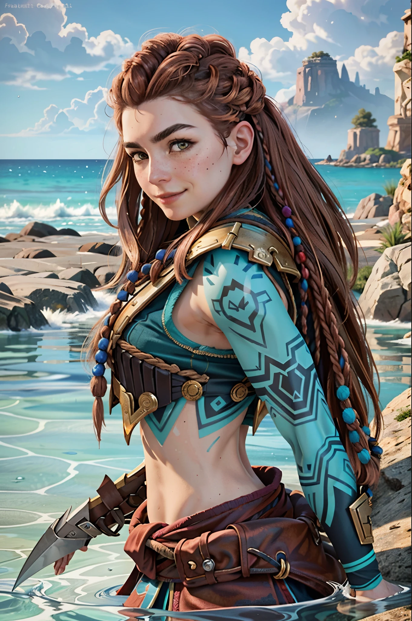 (masterpiece, best quality)
1girl, AloyHorizon, solo, long hair, smile, brown hair, hair ornament, navel, brown eyes, weapon, braid, outdoors, parted lips, sky, day, midriff, sword, cloud, red hair, water, from behind, armor, blue sky, lips, looking to the side, tattoo, ocean, looking away, thick eyebrows, shoulder armor, sheath, rope, freckles, hand in own hair, rock, realistic, nose, dreadlocks
