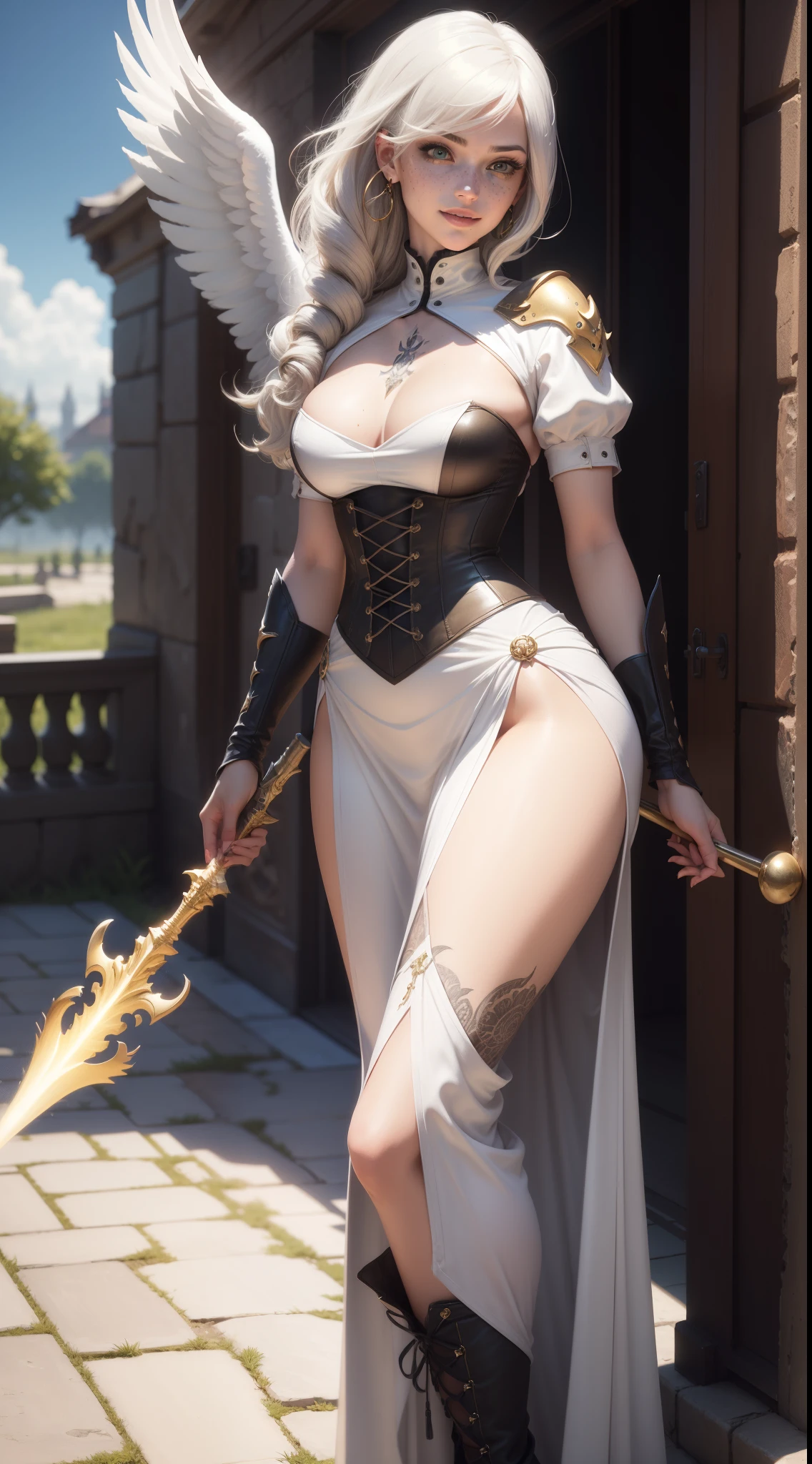 gwen tennyson,yorha 2b,tracer,claire farron, overwatch,atelier ryza,close up,heaven palace view,tattoos,golden and white plugsuit, white short sleeve angel top,short sleeve angel jacket,long medieval skirt,harness corset,long curly hair,punk makeup, green eyes,multicolored silver hair,long dress train,sexy smile,freckles,beautiful girl,thigh high angel boots,large breasts,8k,ultra detailed, realistic,fantasy art,angel armor,angel gown dress,hair pin,ear piercings,crystal hand and neck jewelry,(weather:windy),1girl,long golden angel cloak,holding a angel spear,long angel wings,flying,