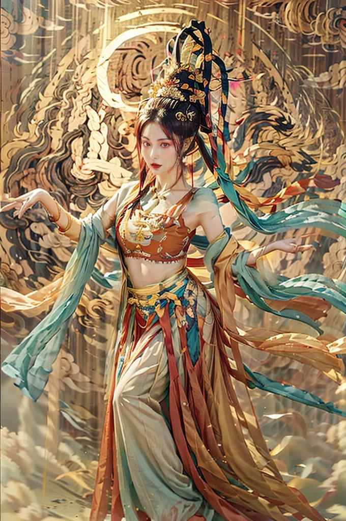An ancient Chinese painting scroll, The main pattern above is: (Mid-Autumn Festival poster,Spring Festival poster,Featuring a playful character design style,zbrush,可爱而dream,Transparent,Smooth,magic core,yellow color,Flying fairy bun,gentle,frown,White lace flowing skirt,Pear and plum blossoms are flying all over the sky,Nine-colored deer flashes behind,translucent medium,Award-winning masterpiece,Super detailed,Dunhuang style,Dunhuang flying mural,Big Dream Dunhuang,Flying Dance,pipa dance,crazy fantasy,Surrealism,dream,A fantasy world,Han Dynasty stone brick portrait,Intricate Chinese Dunhuang mural background,Chinese culture,Festive atmosphere,national current,anime illustration,3 d desenho animado,disney,Mid-Autumn Festival poster,Spring Festival poster,ultra HD16k)