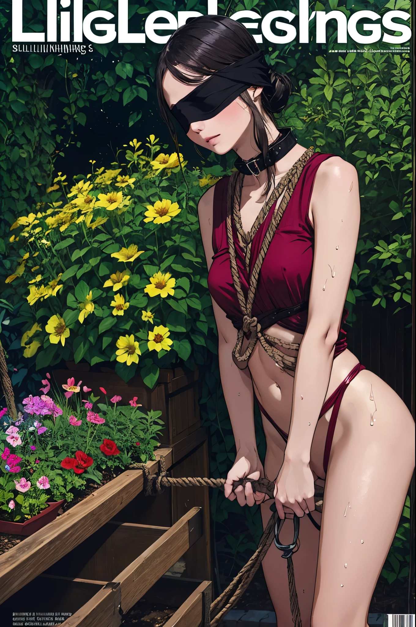 magazine cover,Flower of legend,schillingshot costume,(Collar, blindfold,manacles,sex slave restrained with rope),Watering the flowers,peeing,Sweaty skin,flower garden,gonzo pornography