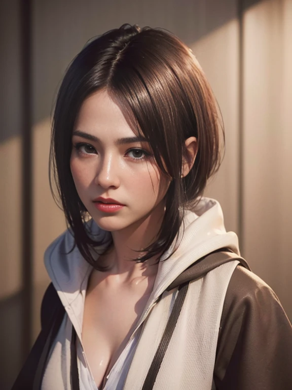 (best quality, 8k, highres, photorealistic:2.0), (solo, one girl:2.0),(lighting: front),(lighting: strong),woman in monk's robe ,Tunic, scapular, hood
