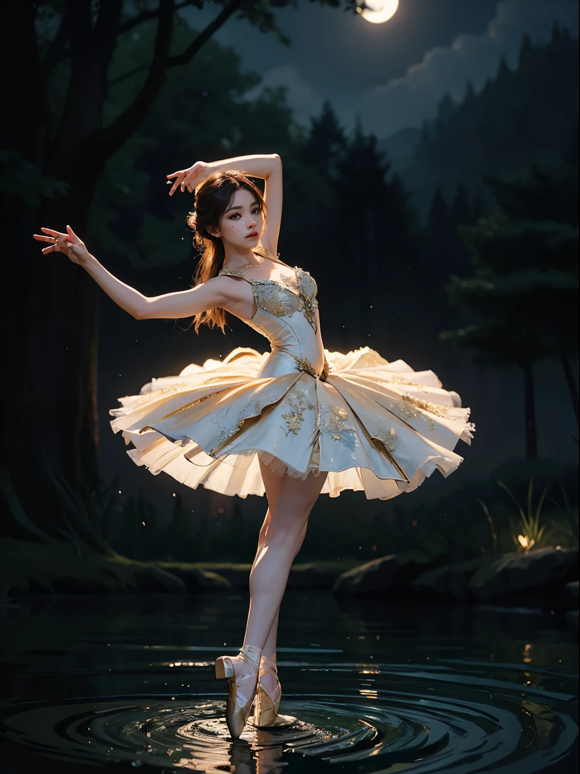 fantasy, high quality, 8K, realistic,photo realistic,RAW photo,photography,High resolution, ultra-definition, highest quality,Dramatic lighting, glitter effect, from below, midnight, moonlight, ballet、Swan Lake、Lake in the deep forest、((Beauty and the Beast)), 1woman and 1beast, break,
The beast picks up a prima donna girl who gracefully dances ballet in the moonlight on a mysterious lake.、Arabesque pose、Lonely、((luxurious and delicate white tutu)),semi-long hair,black hair,black eyes、beautiful feet、Ballet Pointe Shoes, Peeking from below、Straddling the camera、