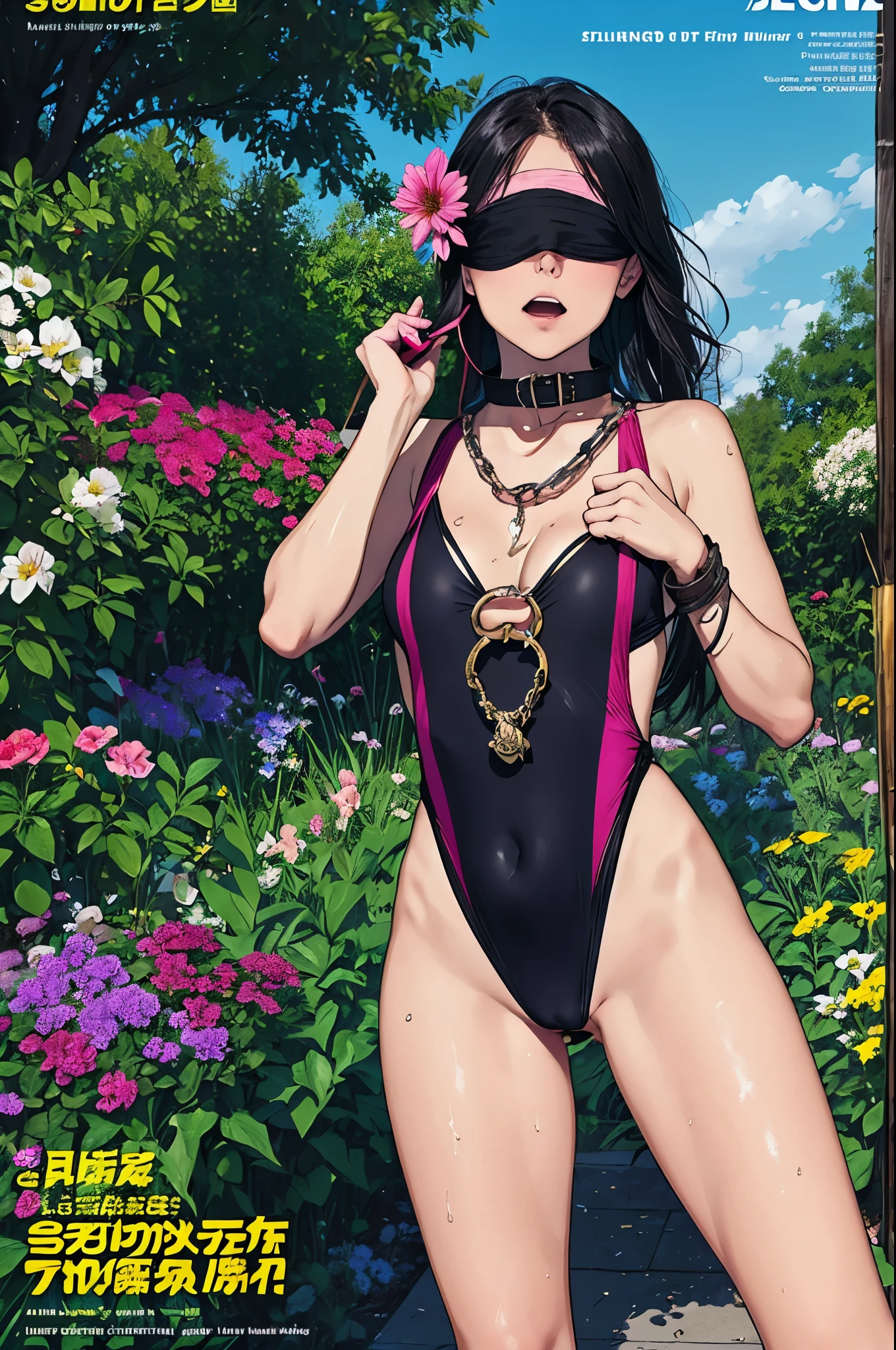 magazine cover,Flower of legend,slingshot Swimsuit,(Collar, blindfold,manacles,sex slave),Watering the flowers,peeing,Sweaty skin,flower garden,gonzo pornography