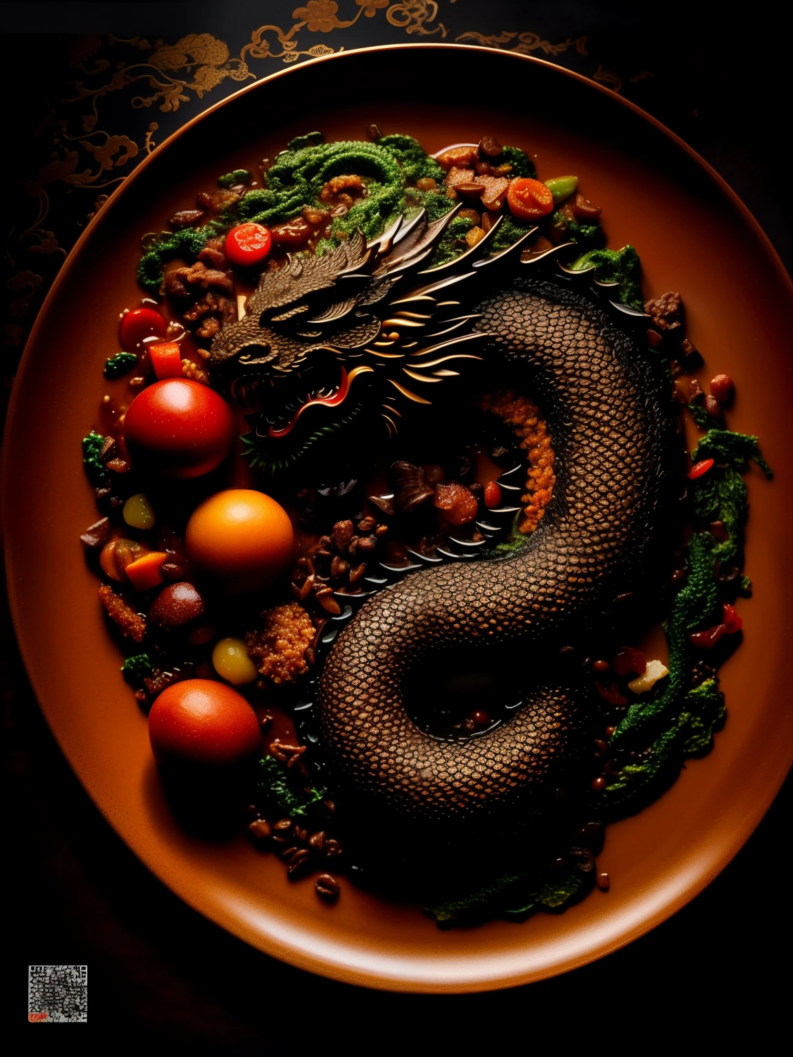 Highest image quality、highest quality、masterpiece、
Incredible art、art cuisine、Rice shaped like a dragon、There is a plate made of vegetables with a dragon drawn on it., Food Art, Great food pictures, Amazing food illustrations, You are a dragon hood, food, Fantasy Food, culinary art photography, dragon art, Made with sweets, chinese dragon, Fantasy Food world, 複雑でカラフルなmasterpiece, inspired by Li Kan, majestic japanese dragon, カラフルで複雑なmasterpiece、chocolate、bread、