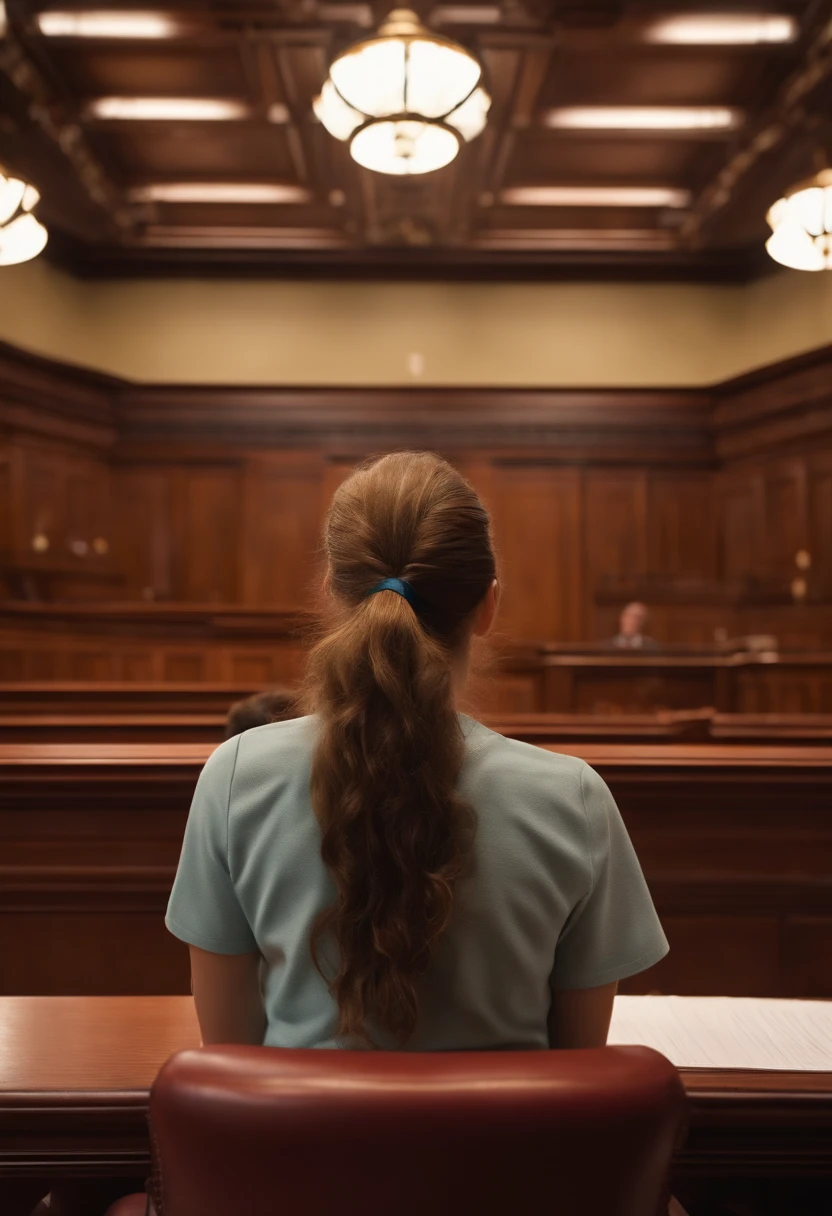 A photorealistic, visually descriptive and detailed representation of a -yeld fee athlete seen from behind in the center of a courtroom