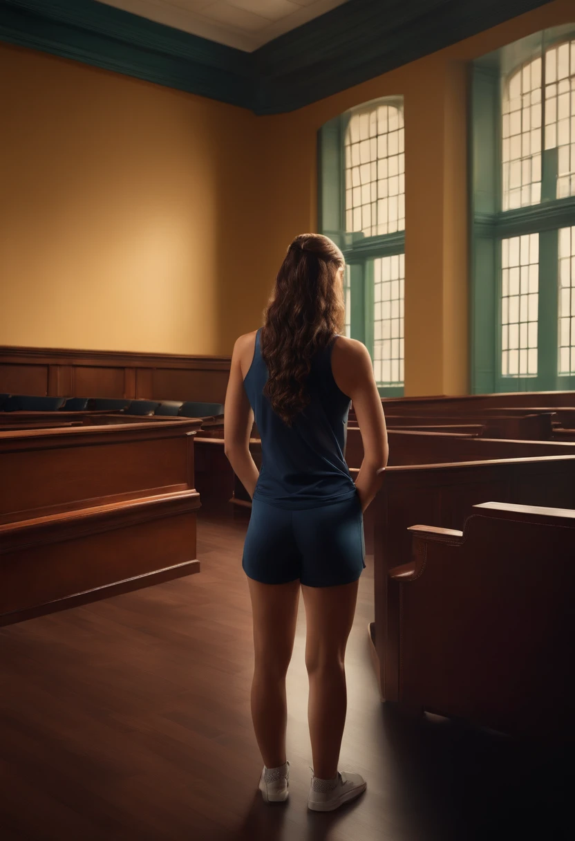 A photorealistic, visually descriptive and detailed representation of a 16-year-old female athlete seen from behind in the center of a courtroom