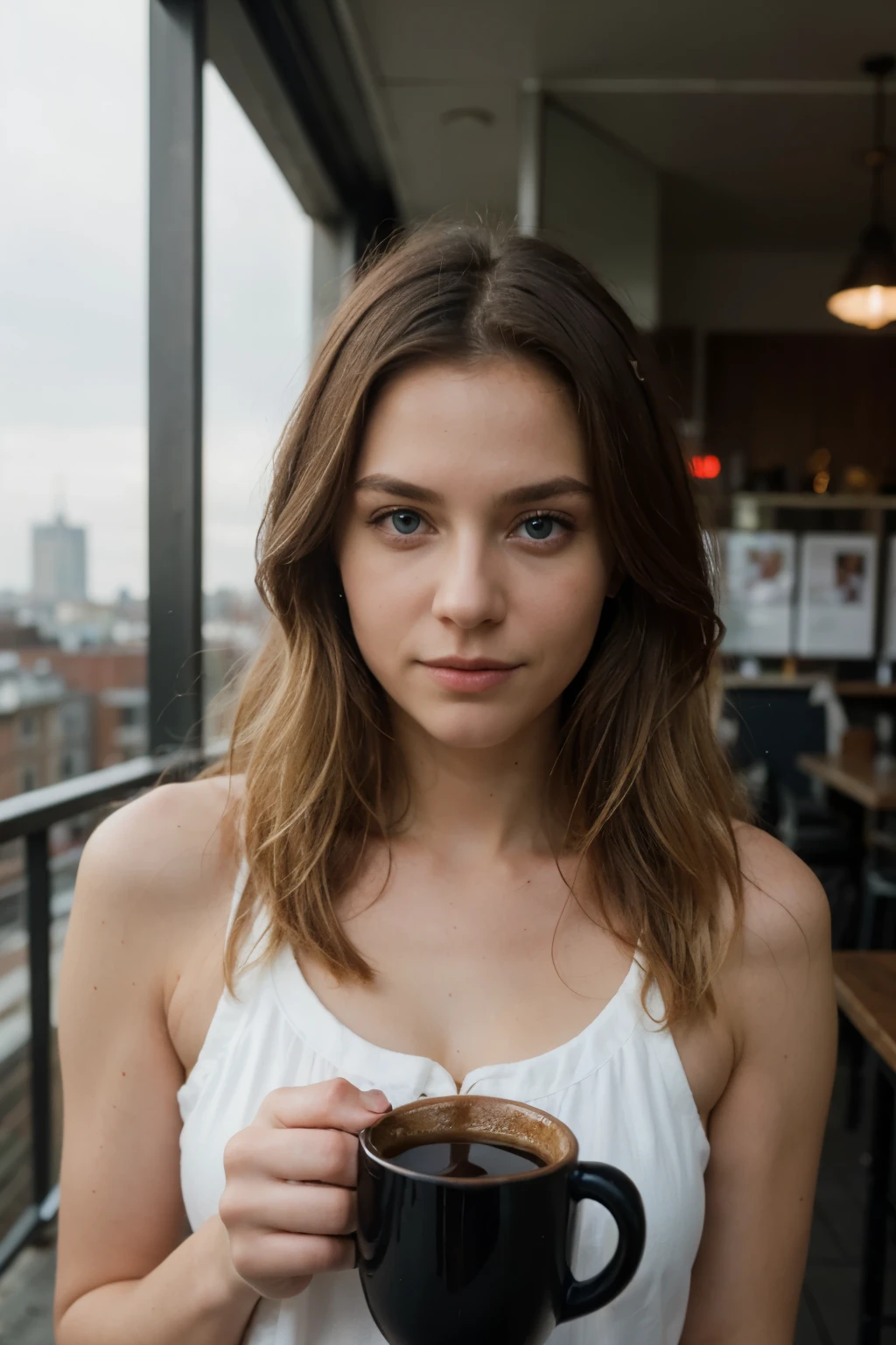 ((Best quality)), ((masterpiece)), (detailed), A real person, blonde, Blue eyes, city, Photograph, coffee