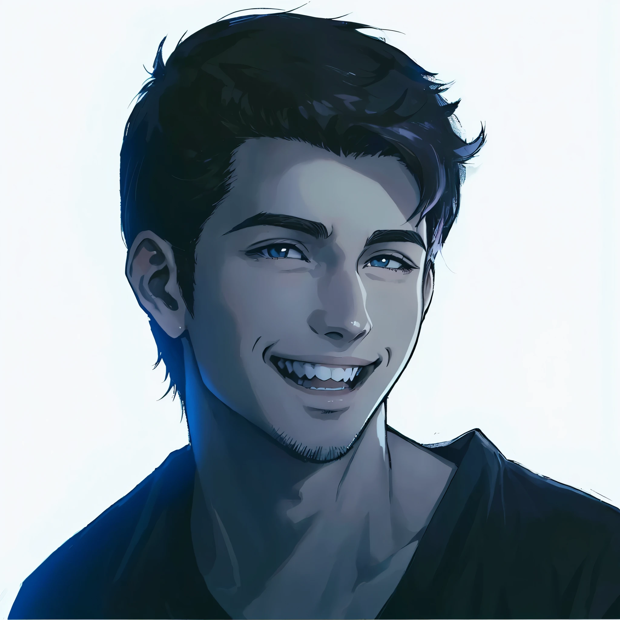 Hay un hombre anime, sonrisa anime, mirada anime, y vestido con una camisa negra, manga, alta calidad, nariz grande, facciones varoniles, mandibula hombre,