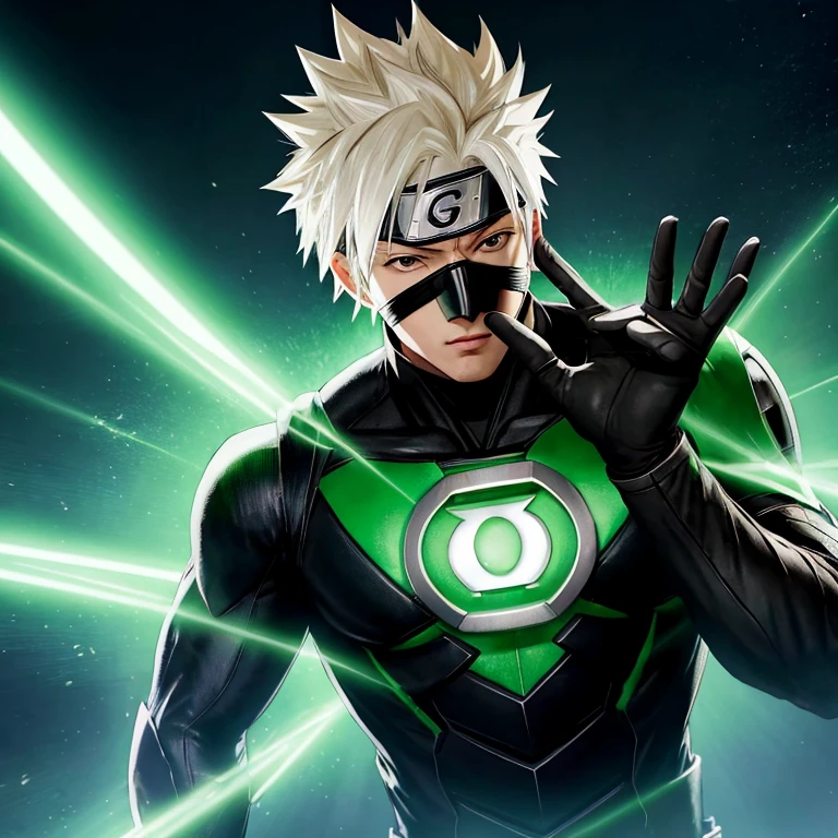 Anime icon, Kakashi, dons the Green Lantern suit, empowers his hands with radiant energy, Naruto Universe, Kakashi Hatake Green Lantern, ultrarealistic 8k CG, striking pose, vibrant lantern symbol aglow, comic book essence, sharp features, determined expression, high-tech armor, high detail, intense lighting, cinematic spark, iconic character, sleek design, legendary hero.