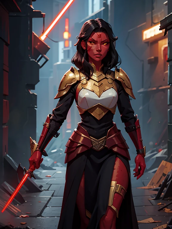 ((Masterpiece)), ((best quality)), ultra detailed face,  ((red skin:1.3)), 1woman, (wearing armor over dark robes, black hair, golden eyes, slender body, thin, slim body, slim waist, medium breasts), standing in ruins, lightning magic from fingers, arrogant smile, Star Wars, cinematic lighting , sci-fi city, sfw,