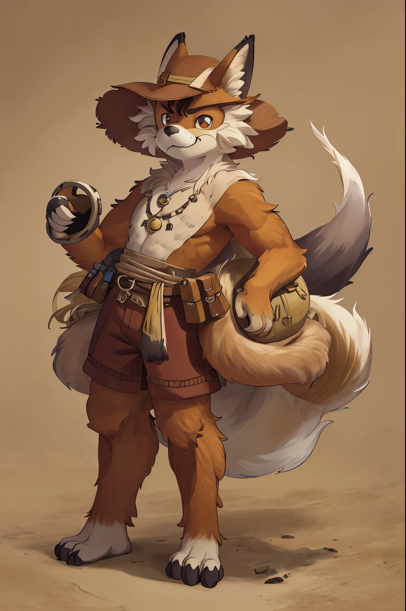 top quality, best quality, High-quality illustrations by Michelangelo, by Johannes Vermeer, masterpiece, super high resolution, detailed background, Old Ruins, Dungeons, Indiana Jones series(highly detailed beautiful face and eyes)absurdres, perfect anatomy(handsome 1boy, kemono, solo focus, Adventurer, Archaeologist)(furry)(furry anthro:1.7)(Furry body, fox facial features, fox body features)(very detailed body fur)full body, Dirty Coat and Hat,