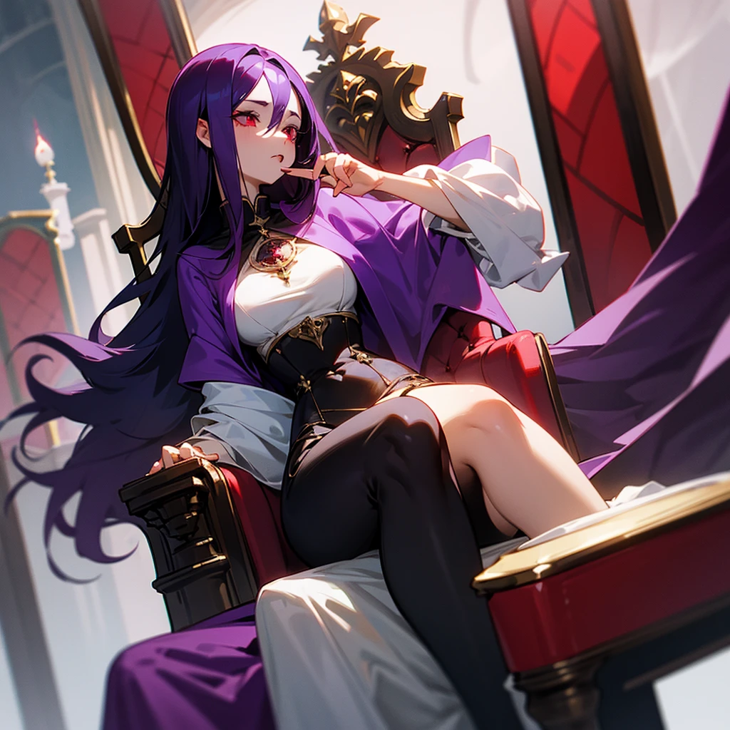 her dark purple hair accompanied by her blood red eyes, accompanied by her hourglass figure.Sitting on a throne 