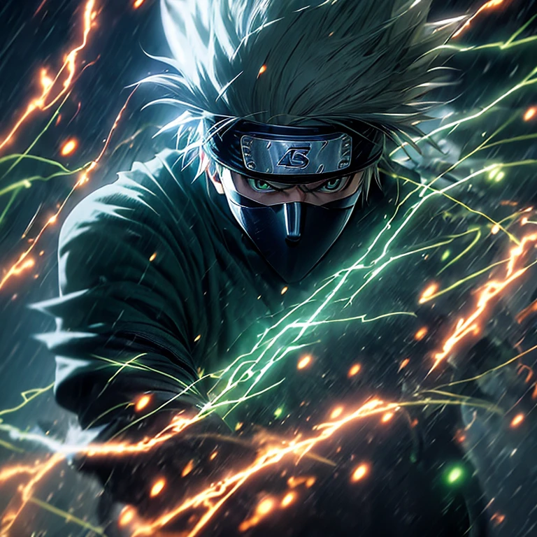 Anime icon, Kakashi, dons the Green Lantern suit, empowers his hands with radiant energy, Naruto Universe, Kakashi Hatake Green Lantern, ultrarealistic 8k CG, striking pose, vibrant lantern symbol aglow, comic book essence, sharp features, determined expression, high-tech armor, high detail, intense lighting, cinematic spark, iconic character, sleek design, legendary hero.