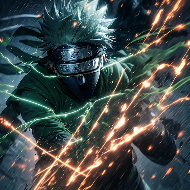 Anime icon, Kakashi, dons the Green Lantern suit, empowers his hands with radiant energy, Naruto Universe, Kakashi Hatake Green Lantern, ultrarealistic 8k CG, striking pose, vibrant lantern symbol aglow, comic book essence, sharp features, determined expression, high-tech armor, high detail, intense lighting, cinematic spark, iconic character, sleek design, legendary hero.