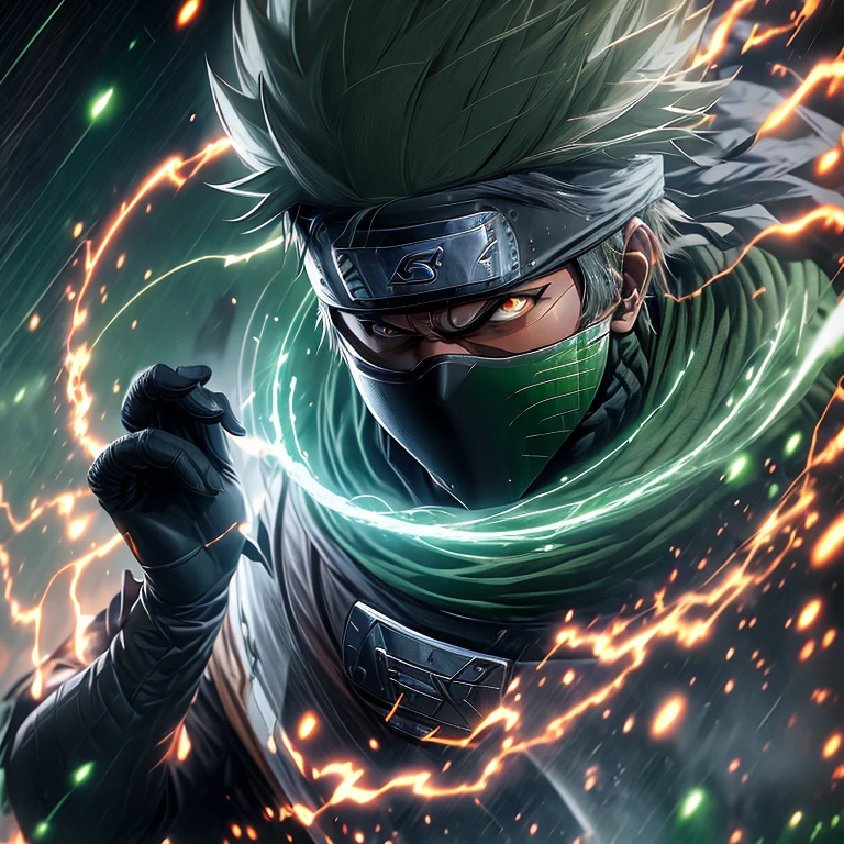 Anime icon, Kakashi, dons the Green Lantern suit, empowers his hands with radiant energy, Naruto Universe, Kakashi Hatake Green Lantern, ultrarealistic 8k CG, striking pose, vibrant lantern symbol aglow, comic book essence, sharp features, determined expression, high-tech armor, high detail, intense lighting, cinematic spark, iconic character, sleek design, legendary hero.