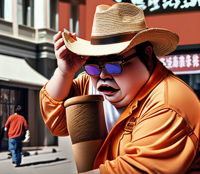 Dr Mephesto eating Poop on China Mall, White Skin, Fat Man, Light Brown Straw Hat, Red Square Eyewear, Orange Tracksuit