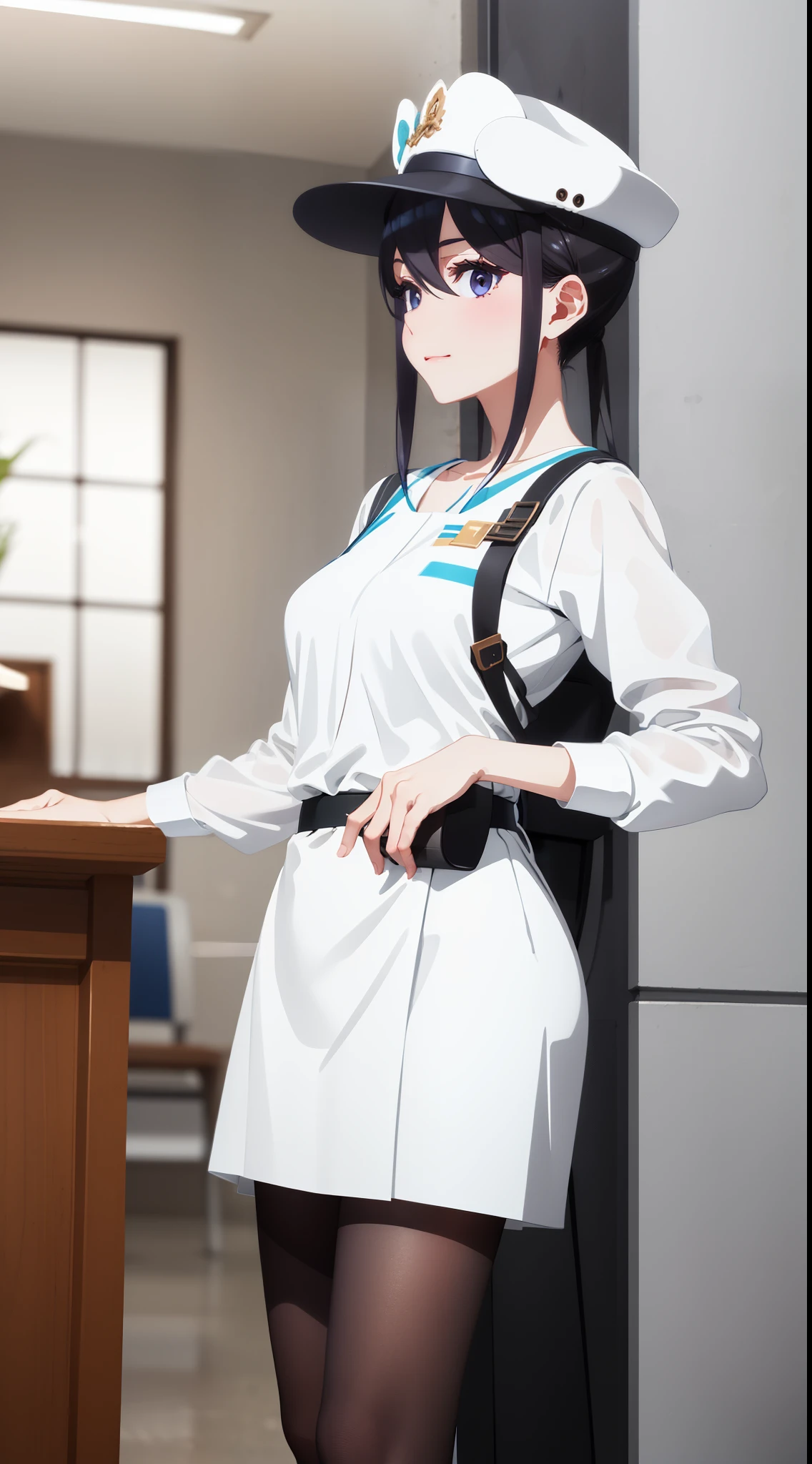 Guli Naza， hentail realism，1girll， 独奏， short detailed hair， mediuml breasts， （Split color hair， Black hair， Dark black hair： 1.3）， Black colored eyes， ssmile， standing on your feet， dynamicposes， 8K， tmasterpiece， best qualtiy， Perfect flight attendant uniform， Female hat，cinmatic lighting， cowboy lens， white  clothes（flightattendantuniform：1.1）， （kitchens、sobu：1.1），Street photography