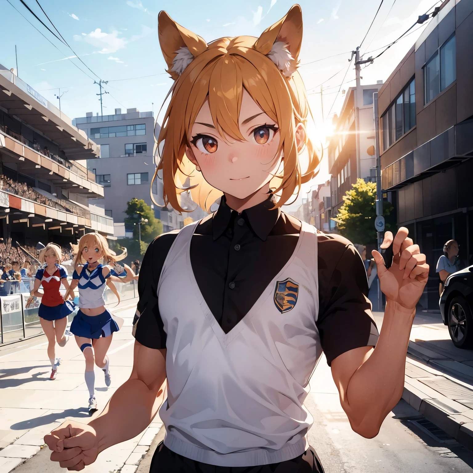 European man in stylish attire, elegantly strides along the marble marathon track, perspiration glistening on his forehead, determined expression etched upon his face. Canine cheerleaders flank the track on both sides, their tails wagging in excitement, eyes shining with unwavering support. Their uniforms bear the colors of their team, plush bows adorned on their collars, adding a charming touch to the competitive scene. The sun begins to set, casting a warm, golden glow over the European landscape, painting a picture of perfect unity between man and man's best friend. Masterpiece, ultra-high definition, beautifully rendered CG Unity 8k wallpaper