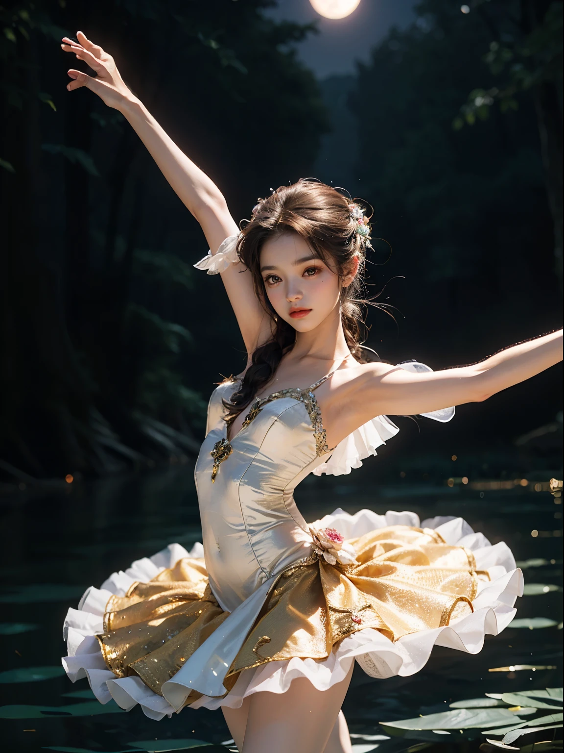 fantasy, high quality, 8K, realistic,photo realistic,RAW photo,photography,High resolution, ultra-definition, highest quality,Dramatic lighting, glitter effect, from below, midnight, moonlight, ballet、Swan Lake、Lake in the deep forest、((Beauty and the Beast)), break,
1woman and 1beast, A prima donna girl and the beast gracefully dance ballet in the moonlight on a mysterious lake.、Arabesque pose、Lonely、((luxurious and delicate white tutu)),semi-long hair,black hair,black eyes、beautiful feet、Ballet Pointe Shoes, Peeking from below、Straddling the camera、