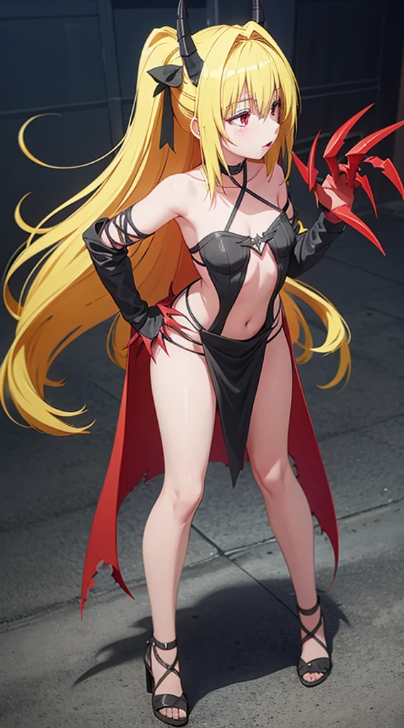 DarknessLora, blonde hair, red eyes, very long hair, horns, claws, choker, hair intakes, loincloth, profile, ((child:1.2)), (lean forward:1.5), ((waist up))