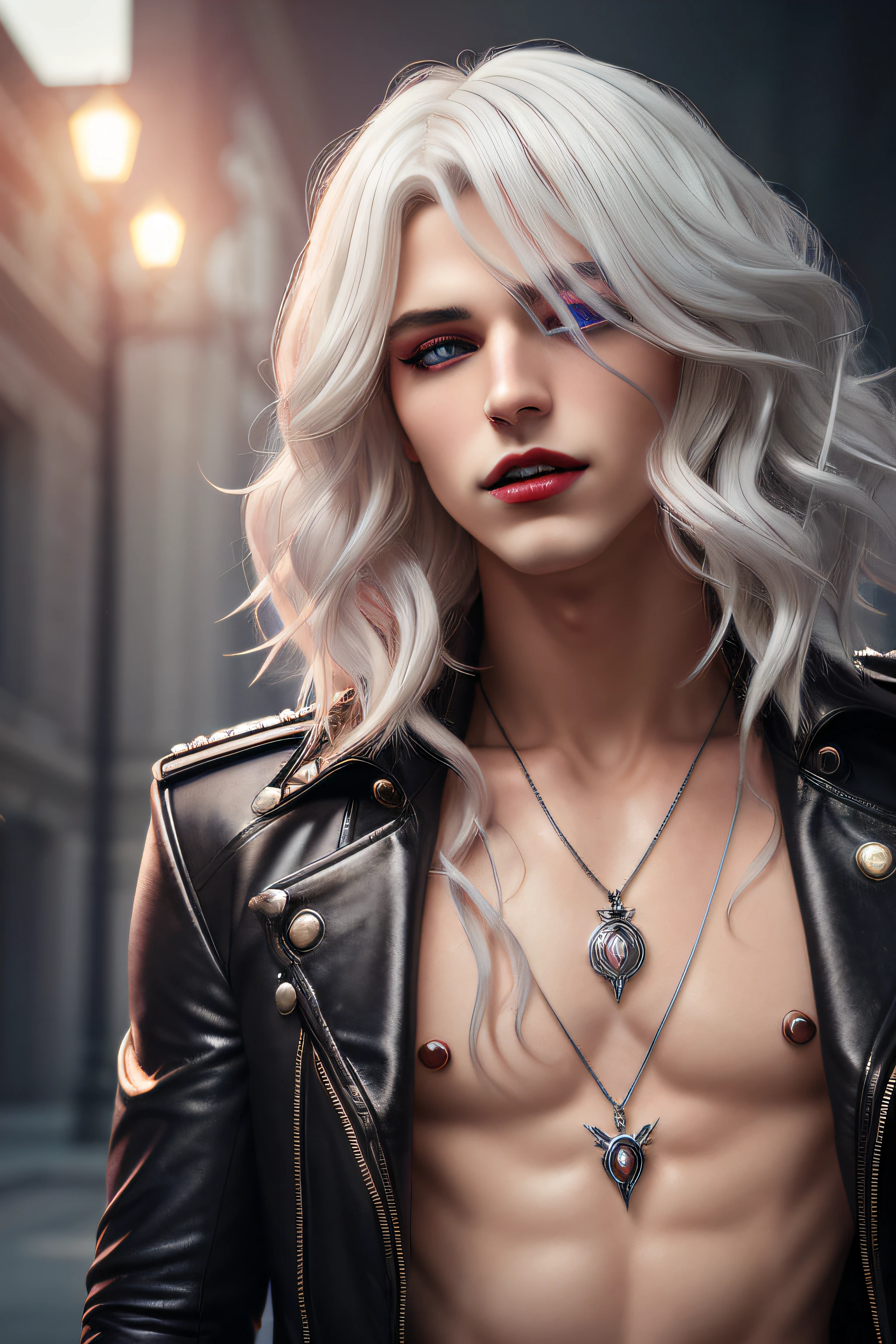 a handsome guy, seductive pose vampire (masterpiece award winning high quality:1. 2) with long and white hair, fangs, , glossy red ligh lips,hazel eyes, detailed face, full focus, highly intricate, (small silver heart pendant:0. 9), cinematic, [style by stanley artgermm, tom Bagshaw, carne griffiths], hyper detailed, full of color, (gloomy illumination, insane, stunning, dramatic, completed artwork, HQ:1. 1), 16k, UHD, HDR, (Masterpiece:1. 5), (best quality