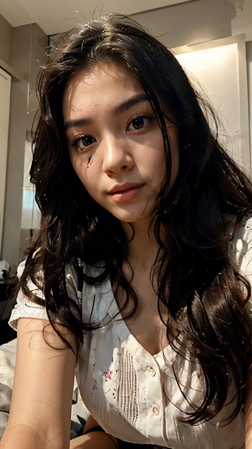 there is a woman laying on a bed with a white shirt, lalisa manobal, profile image, on my bed, angelawhite, lily frank, asian girl, profile pic, 18 years old, ayahausca, an asian woman, lalisa manoban of blackpink, bedroom eyes, thick lips, 2 2 years old, with bangs