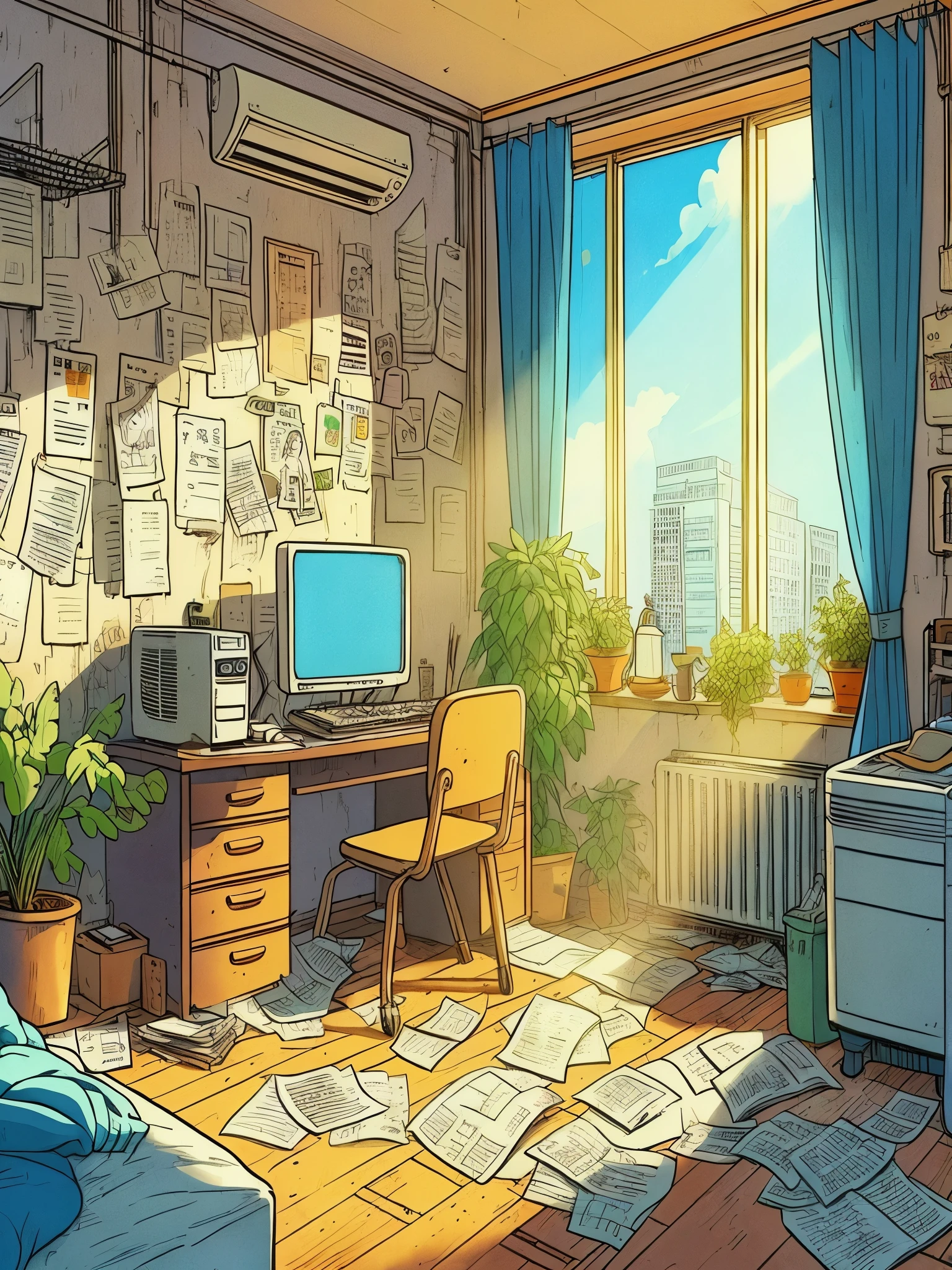 Draw a tintin style anime simple art of interior of an old messy apartment bedroom, pages and pages all around, plants, air conditioner, computer and chair, sunlight coming in, beautiful sky, beautiful color palette,