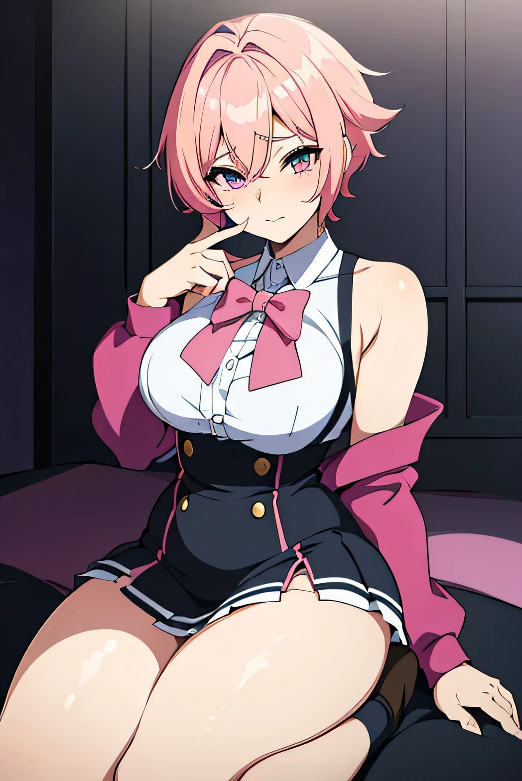 there is a cartoon picture of feminine boy with short pink hair, anime moe artstyle, 1 7 - year - old anime, in an anime style, demon femboy, flat anime style, cute, crossdresser, lewd body, curvy, school girl uniform, doing a sexy pose, big breasts