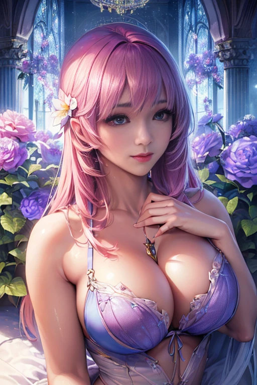 (((realistic photo:1.5))),((highest quality、8K、16 km race、masterpiece:1.3)),high resolution、最high resolution、highest quality、High quality、8 slender body、beautifulボディーライン、beautiful女性、huge boobs、sexy style、insist on cleavage、breast enhancement、(1 girl:1.4)、photorealistic:1.4、official art、Super detailed、beautiful and aesthetic、beautiful、masterpiece、show off your cleavage、underwear、huge chest chest)、sexy underwear、garter belt、enamel bondage costume、(whole body 1:4）、beautiful女性は, (Medium length hair), Detailed huge breasts, whole body, nice smile, (Warm colors), Moist, Moist, reflection, (muste piece) (realistic pictures)(best quality) (detailed breasts) , (8K) (wall paper) (cinematic lighting) (studio lighting) (complicated) Fashion, Flower arch so magical and dreamy, luxury, ethereal fairy tale, Rich pastel color palette, Ethereal dreamy theme, dreamy and detailed, The setting of a fairy tale:, (((building with many flowers)))、anime fantasy artwork, anime fantasy illustration, beautifulアートワークのイラスト, beautifulアニメアートwork, elaborate digital art, complicatedな華やかなアニメCGIスタイル, anime art nouveau cosmic display, beautifulアニメアート, beautifulデジタル芸術作品, beautifulファンタジーアニメ, detailed anime artwork, detailed digital anime art, dreamy psychedelic anime、sexy lingerie、