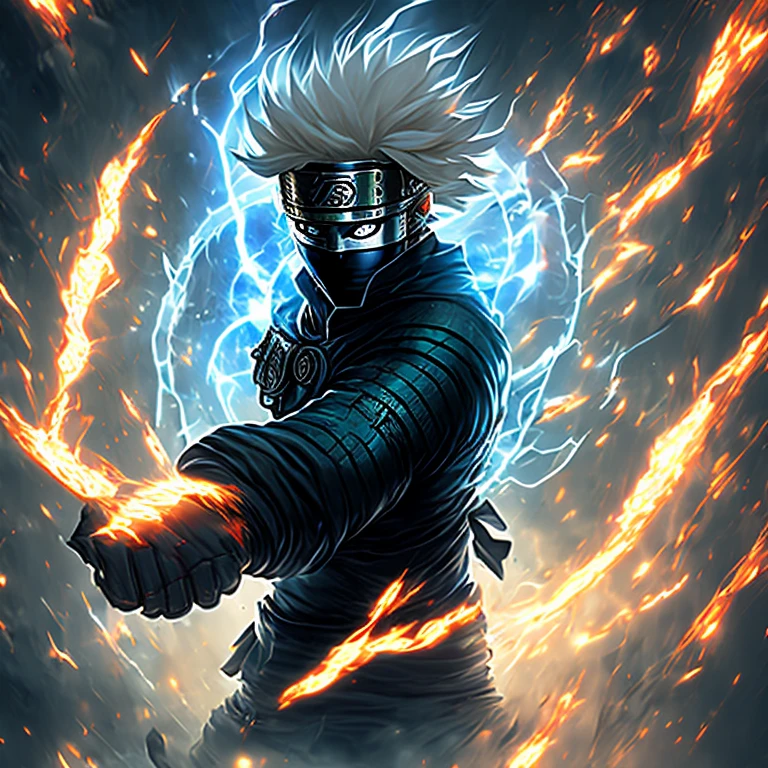 Kakashi Hidden in the Leaf Village, donning Doctor Fate's enchanted gold armor, stands with a fierce gaze and intricately detailed golden helmet adorned with ancient symbols. The background reveals an otherworldly realm of swirling energy and star-studded cosmos, enveloping Kakashi with an aura of divine power. His sharp, piercing eyes gleam with intelligence and focus. A glowing shuriken hovers in his left hand, emitting a golden aura, ready to strike. Full body portraiture in photorealistic style from The King of Fighters XVI. High quality image in Full HD 8k.