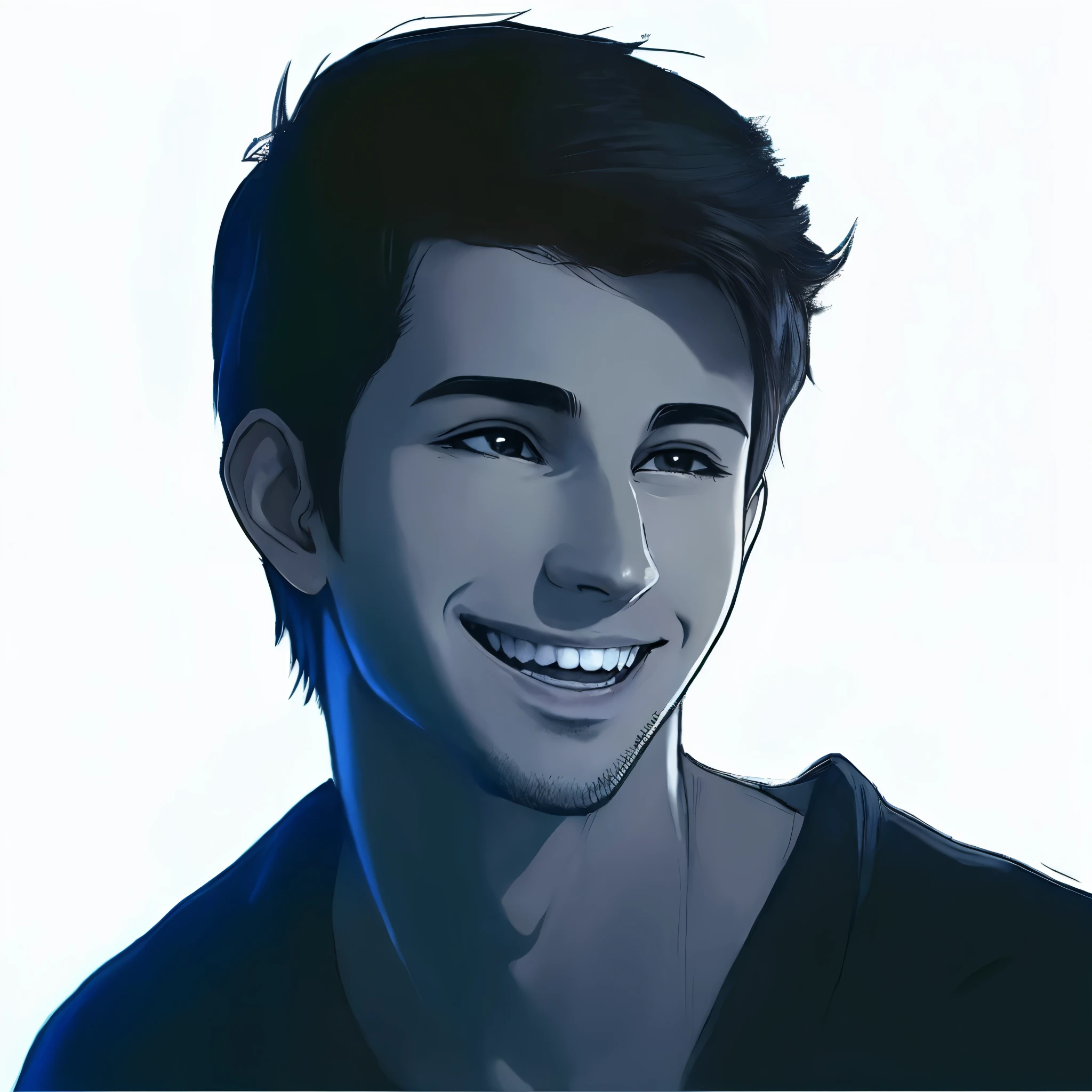 Hay un hombre anime, sonriendo y vestido con una camisa negra, manga, alta calidad, nariz aguilena, mirada picara, hd, caricatura,