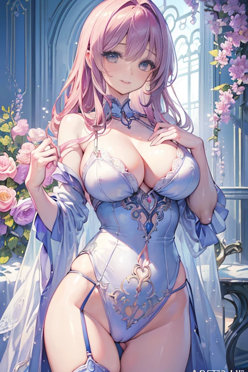 (((realistic photo:1.5))),((highest quality、8K、16 km race、masterpiece:1.3)),high resolution、最high resolution、highest quality、High quality、8 slender body、beautifulボディーライン、beautiful女性、huge boobs、sexy style、insist on cleavage、breast enhancement、(1 girl:1.4)、photorealistic:1.4、official art、Super detailed、beautiful and aesthetic、beautiful、masterpiece、show off your cleavage、underwear、huge chest chest)、sexy underwear、garter belt、enamel bondage costume、(whole body 1:4)、beautiful女性は, (Medium length hair), Detailed huge breasts, whole body, nice smile, (Warm colors), Moist, Moist, reflection, (muste piece) (realistic pictures)(best quality) (detailed breasts) , (8K) (wall paper) (cinematic lighting) (studio lighting) (complicated) Fashion, Flower arch so magical and dreamy, luxury, ethereal fairy tale, Rich pastel color palette, Ethereal dreamy theme, dreamy and detailed, The setting of a fairy tale:, (((building with many flowers)))、anime fantasy artwork, anime fantasy illustration, beautifulアートワークのイラスト, beautifulアニメアートwork, elaborate digital art, complicatedな華やかなアニメCGIスタイル, anime art nouveau cosmic display, beautifulアニメアート, beautifulデジタル芸術作品, beautifulファンタジーアニメ, detailed anime artwork, detailed digital anime art, dreamy psychedelic anime、sexy lingerie、