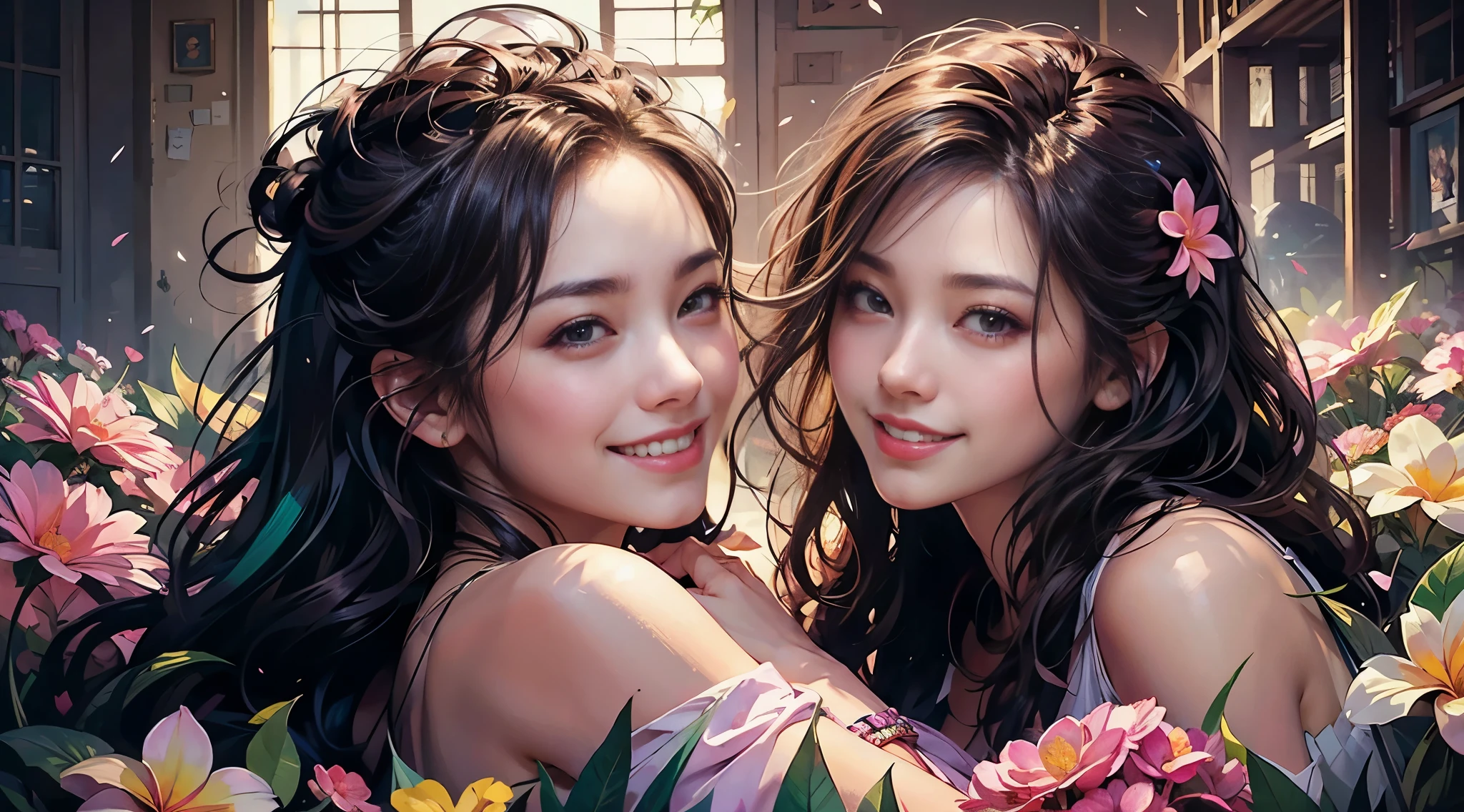 portrait, Masterpiece: 1.2, best quality, 1girl, field of plumeria, vibrant, (happy:1.4),colorful details,ultra detailed,detailed lighting,\(\(inspired by Hayao Miyazaki\)\),official art, pink flowers, laying on flowers, big smile