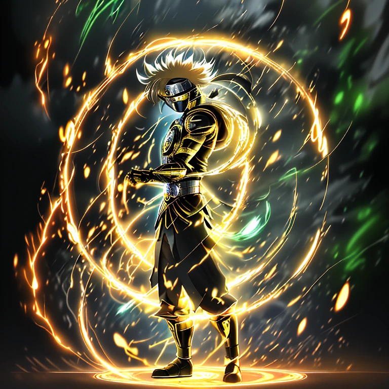 Kakashi Hidden in the Leaf Village, donning Doctor Fate's enchanted gold armor, stands with a fierce gaze and intricately detailed golden helmet adorned with ancient symbols. The background reveals an otherworldly realm of swirling energy and star-studded cosmos, enveloping Kakashi with an aura of divine power. His sharp, piercing eyes gleam with intelligence and focus. A glowing shuriken hovers in his left hand, emitting a golden aura, ready to strike. Full body portraiture in photorealistic style from The King of Fighters XVI. High quality image in Full HD 8k.